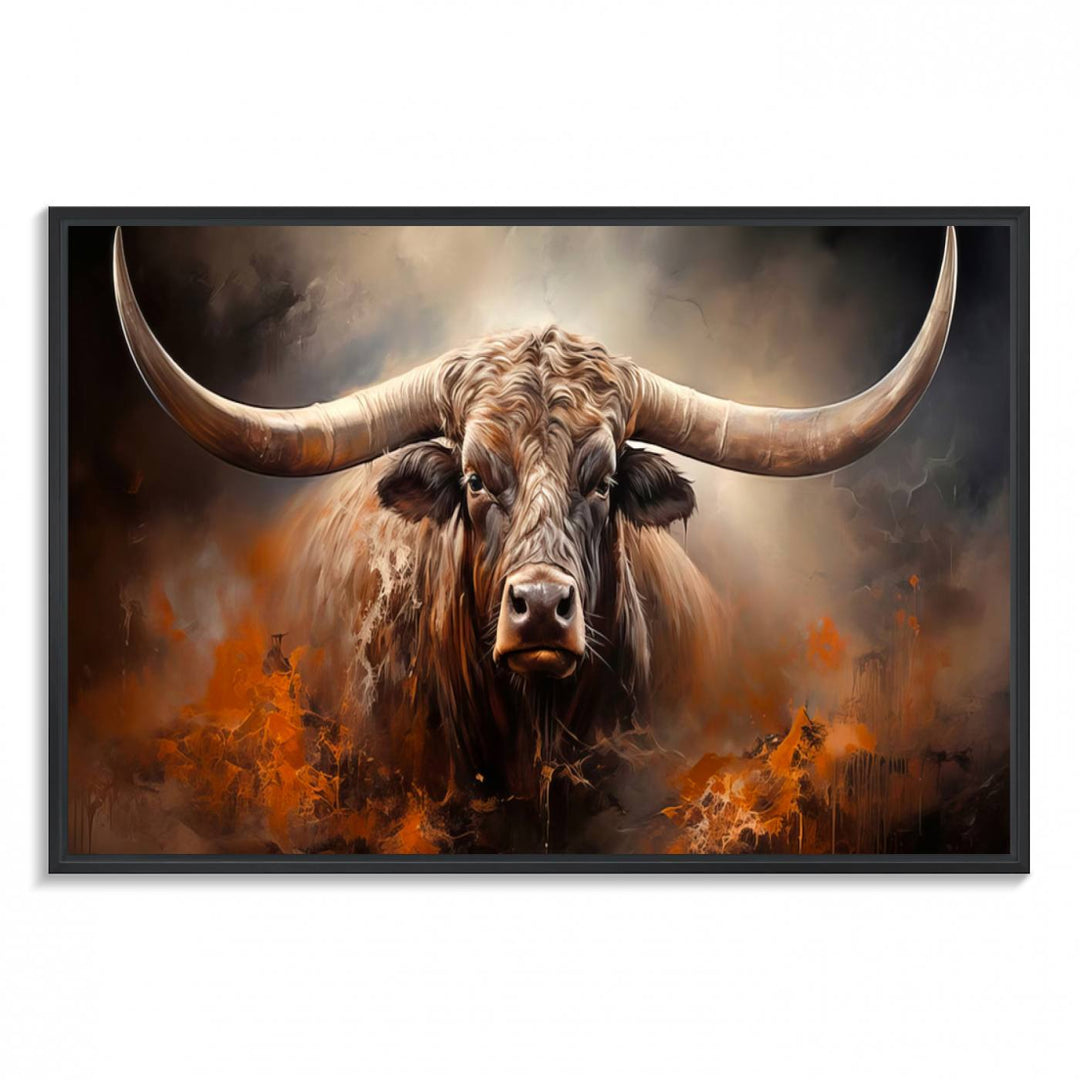 A Highland Bull with striking horns is depicted in a fiery abstract style on a ready-to-hang wall art canvas, evoking strength.