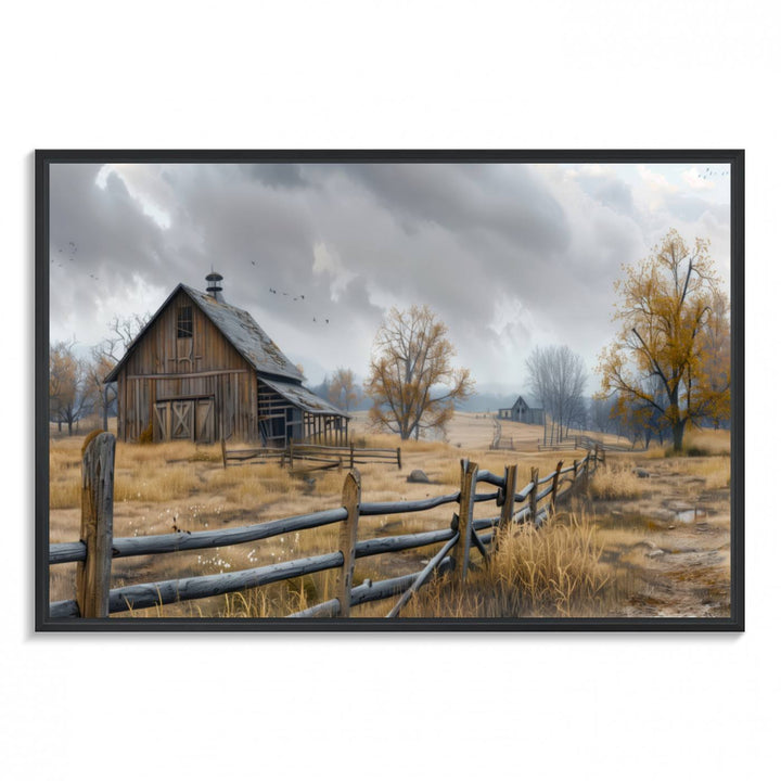 Rustic Autumn Farmhouse Wall Art – Weathered Barn & Trees Canvas Print, featuring a serene scene with birds in the sky. This piece is ready to hang.