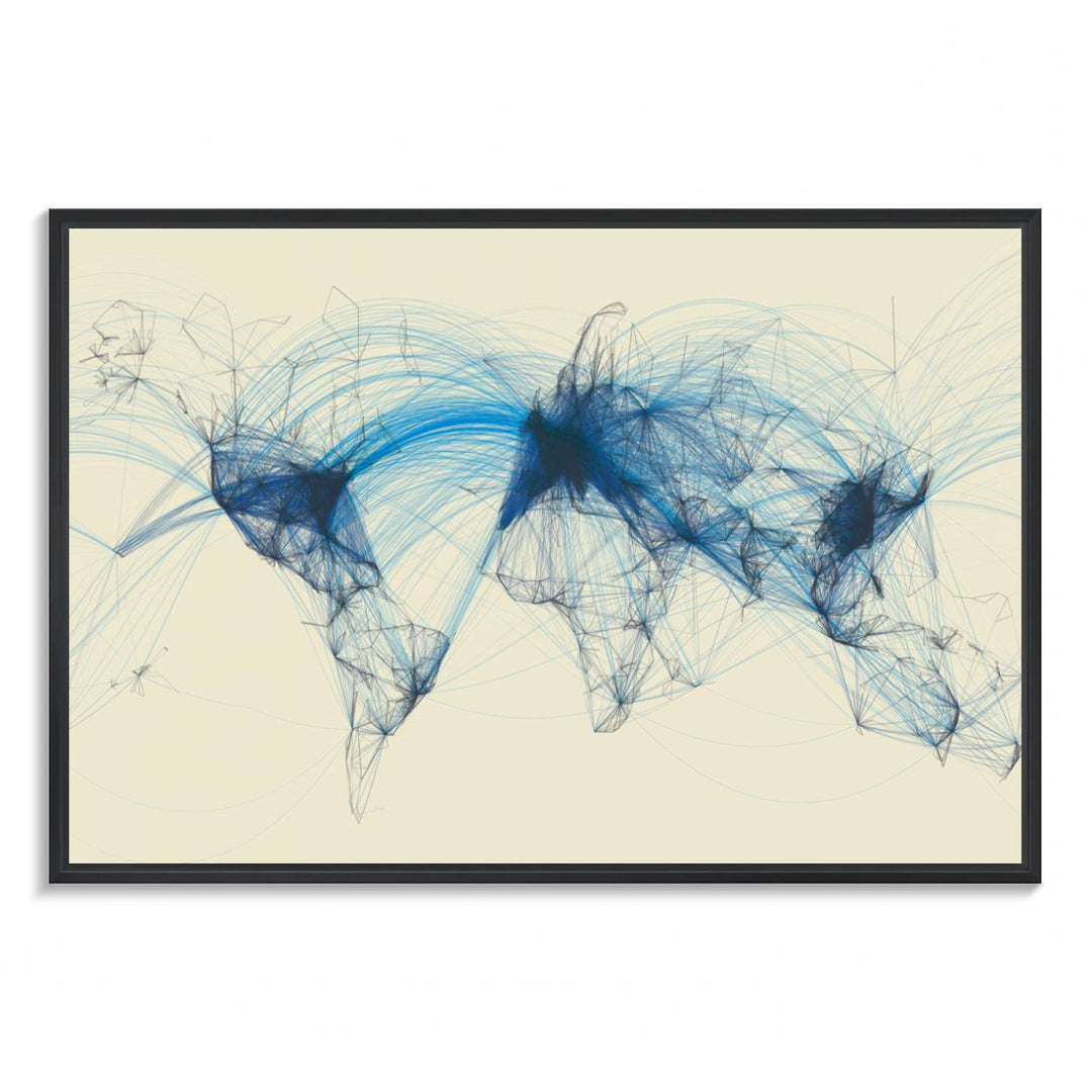 Flight Routes Map: Air Traffic Avi World Map featuring blue lines symbolizing global data. Ideal for home decor and ready to hang.