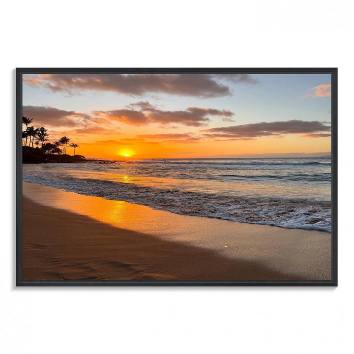 Sunset Wall Art Print featuring a beach sunset with waves and palms, perfect for coastal decor.