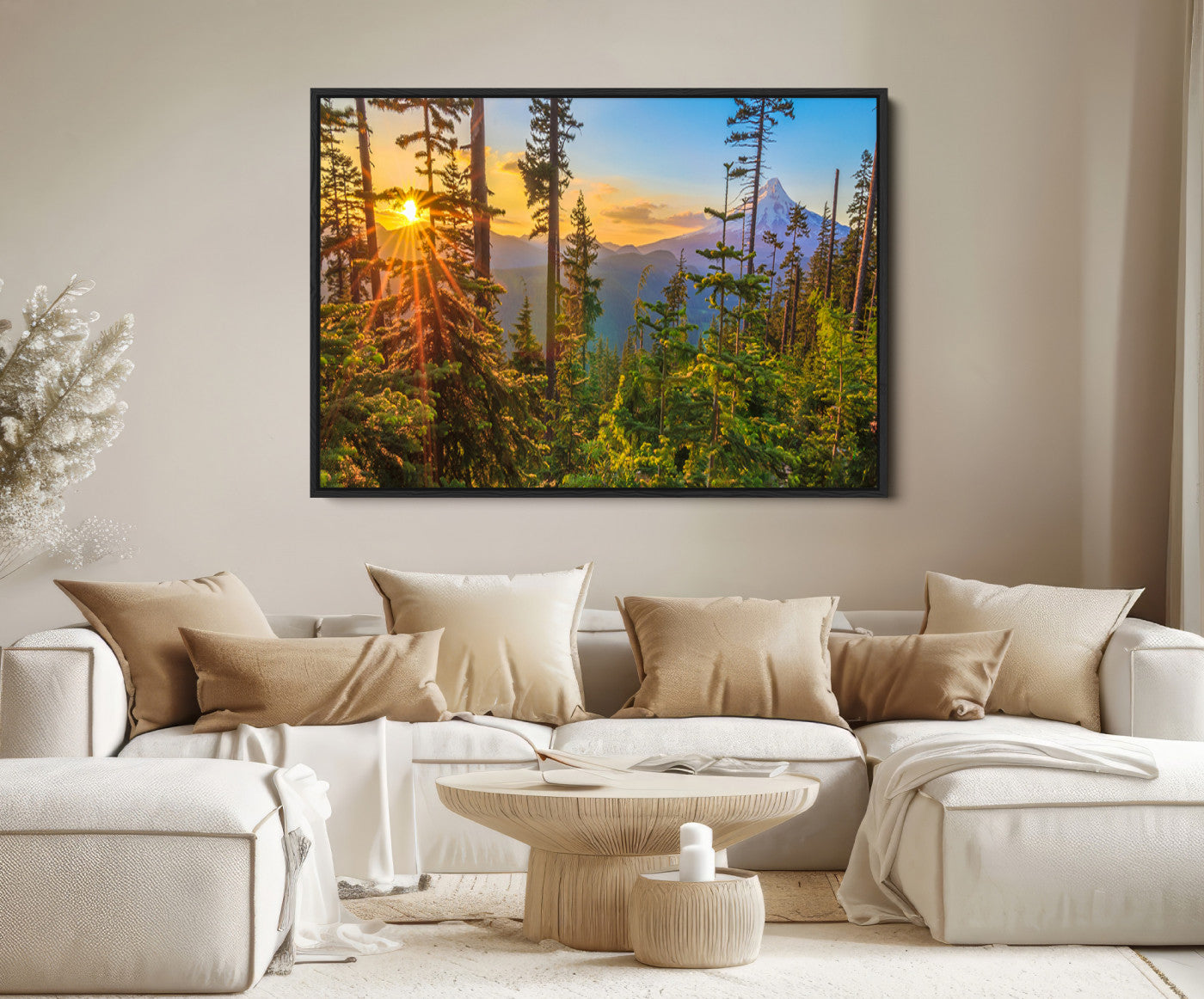 83544043-MGV-FC-36X24-Forest Sunset Wall Art Canvas Print, Framed Sunset Trees Art Picture Print, Green Pines Perfect Rustic Nature Decor