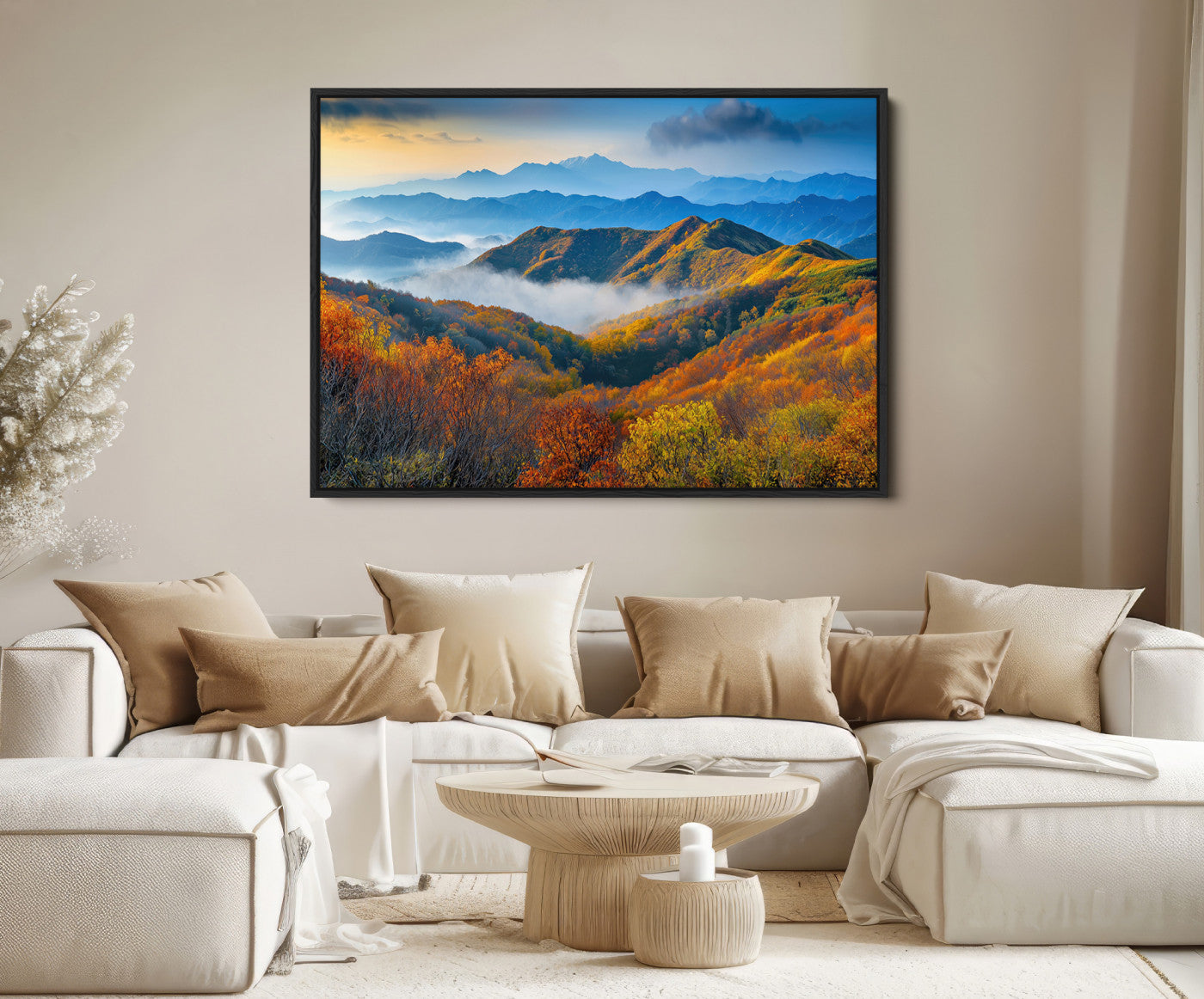 86772247-MGV-FC-36X24-Autumn Mountains Wall Art Canvas Print – Foggy Peaks Colorful Foliage Serene Landscape Nature Artwork for Home Office