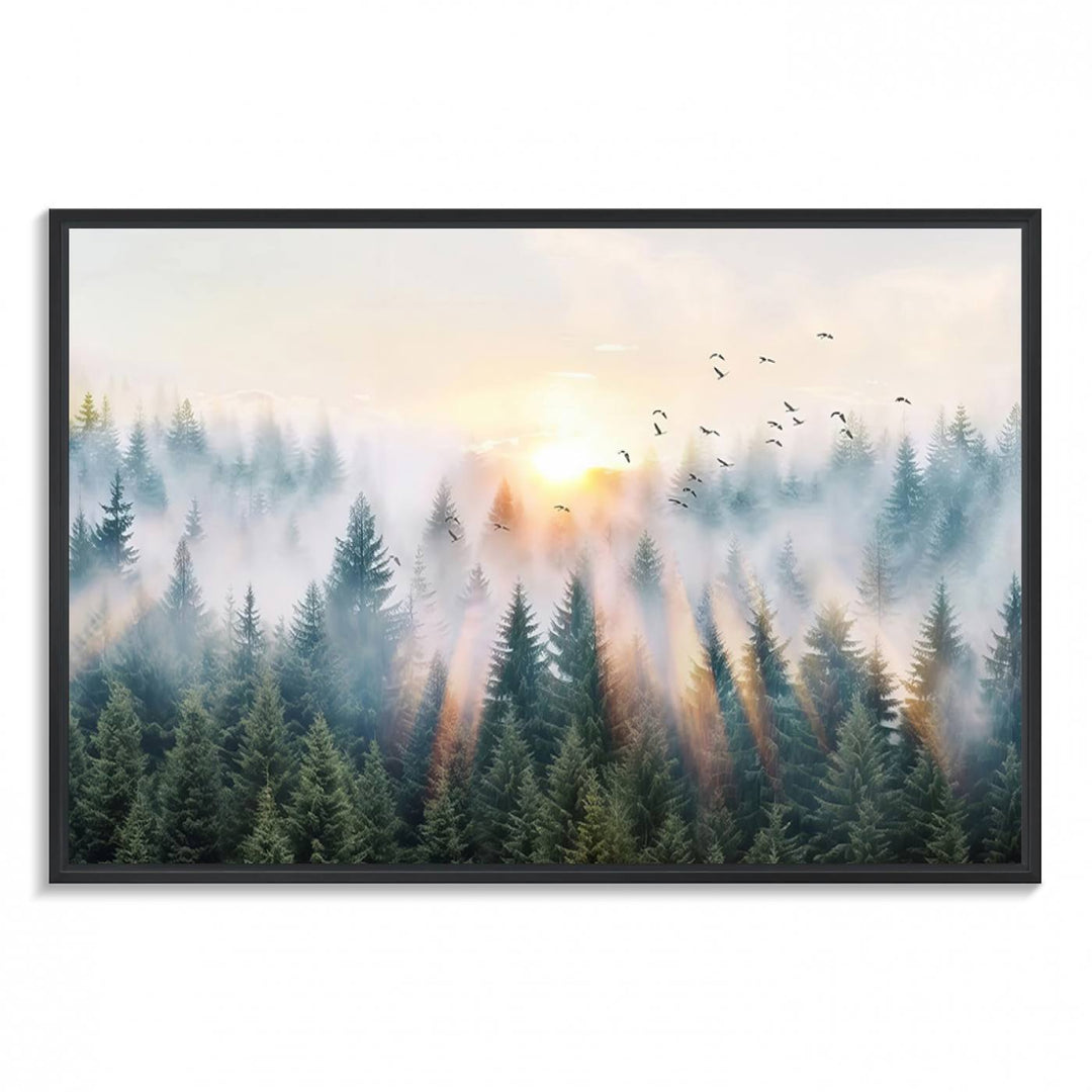 Misty Pine Forest Wall Art: A depiction of sunrise over foggy trees and birds against a bright sky; a framed woodland scene ideal for home or office decor.