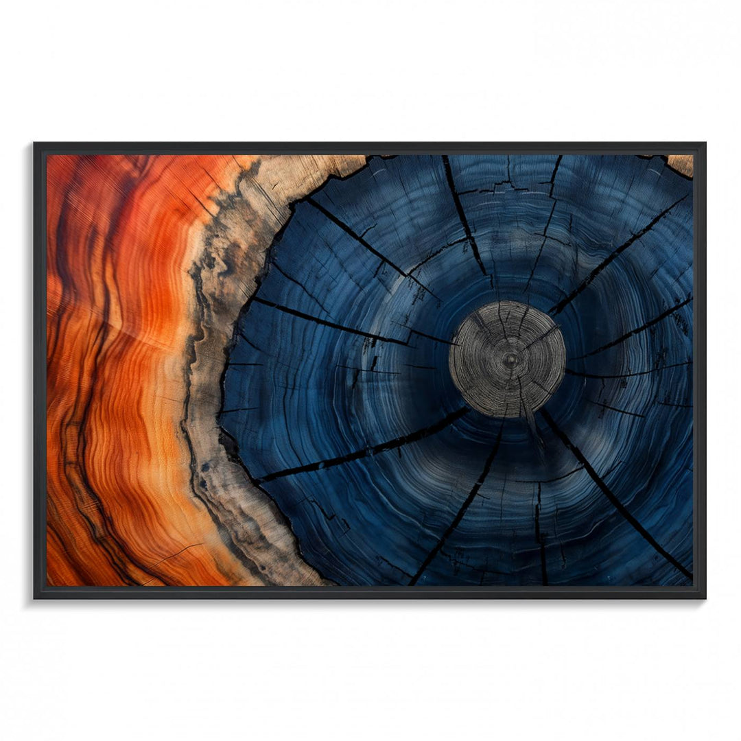 Abstract Tree Rings Canvas Print with vibrant colors—ideal farmhouse wall art for a woodland-themed home.