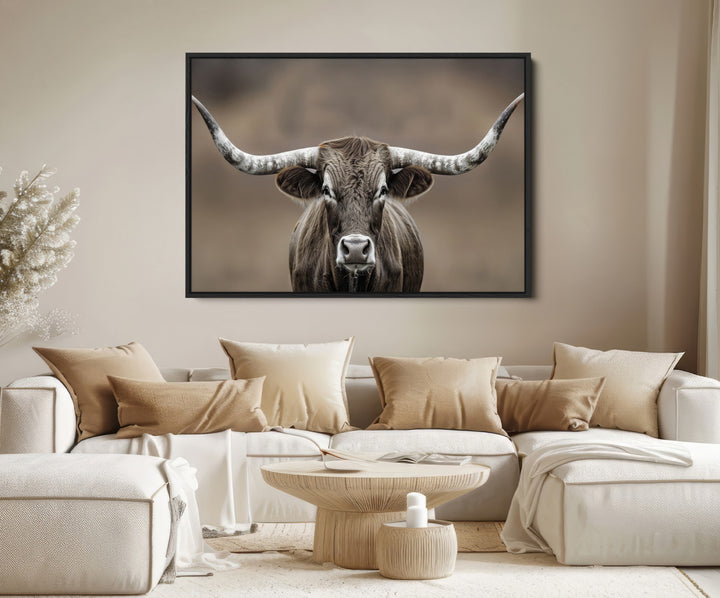 The Framed Texas Longhorn Bull Art Canvas Print adds timeless elegance to the serene setting.