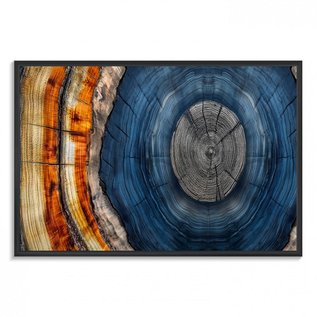 Vibrant Abstract Tree Rings in Orange, Brown, and Blue - Canvas Print for Nature Woodland Wall Decor.