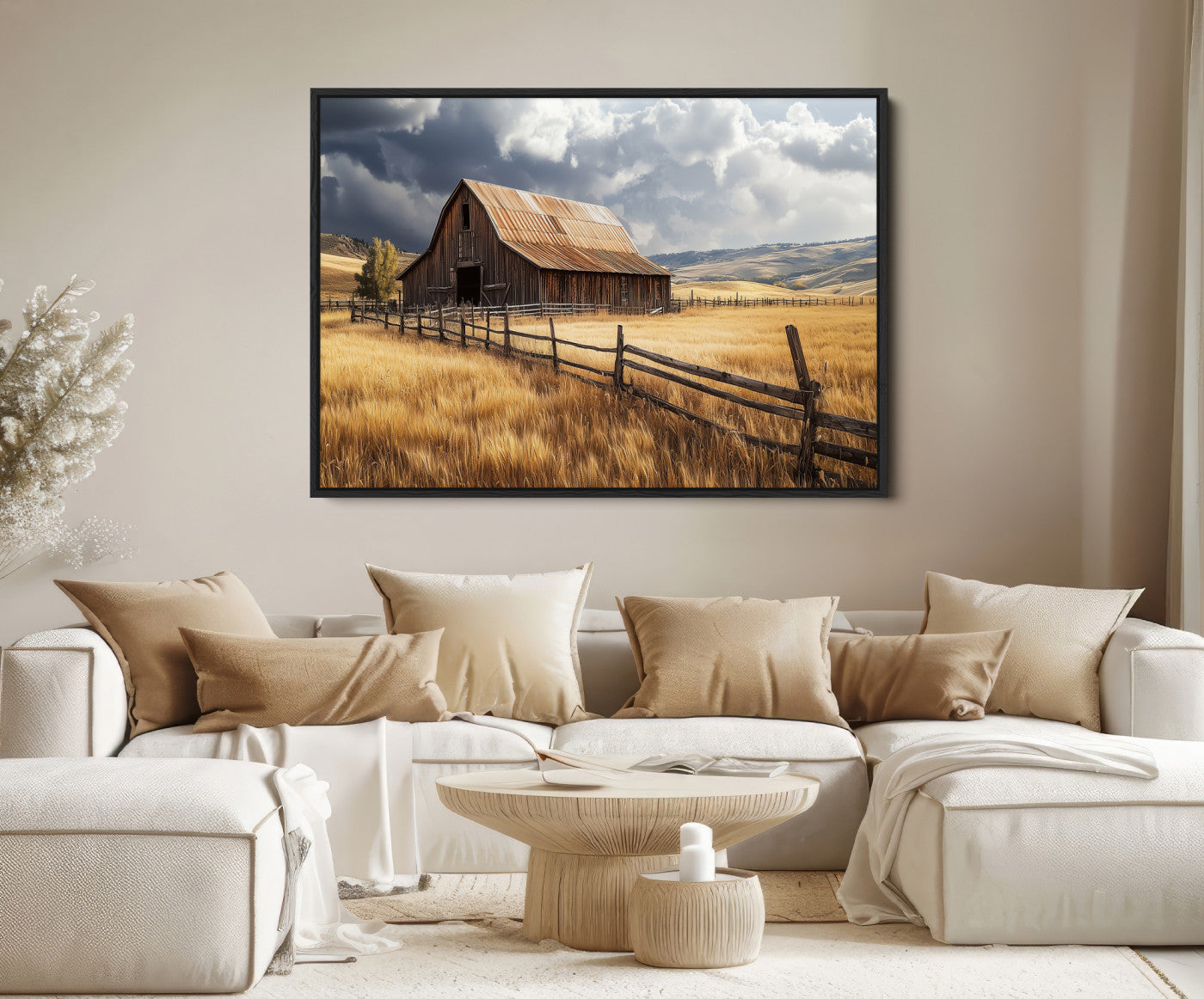 38758826-MGV-FC-36X24-Rustic Barn Wall Art Canvas Print – Framed Moody Barn Golden Field Countryside Farmhouse Landscape Artwork for Home Office