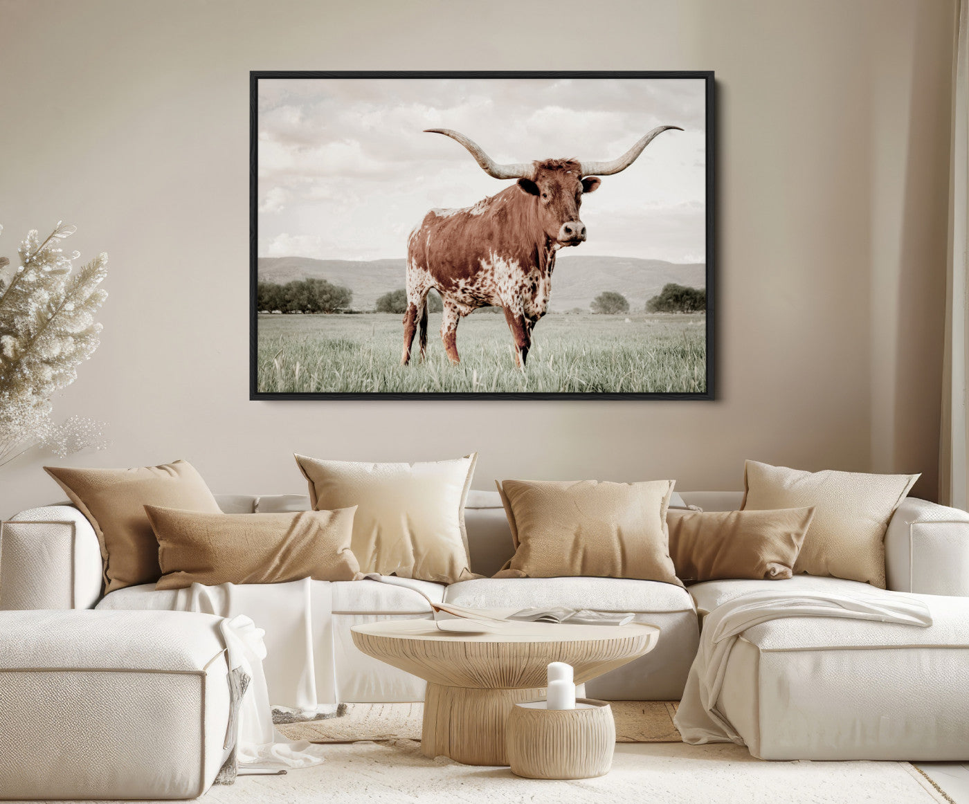 28309012-MGV-FC-36X24-Texas Longhorn Wall Art Canvas Print – Framed Spotted Cattle Horned Bull Western Ranch Animal Artwork for Home Office