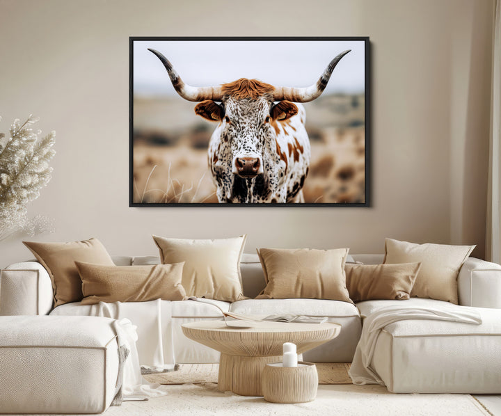 Texas Longhorn Wall Art Canvas Print, Framed Spotted Cow Art Picture Print, Horned Cattle Perfect Rustic Western Decor Artwork