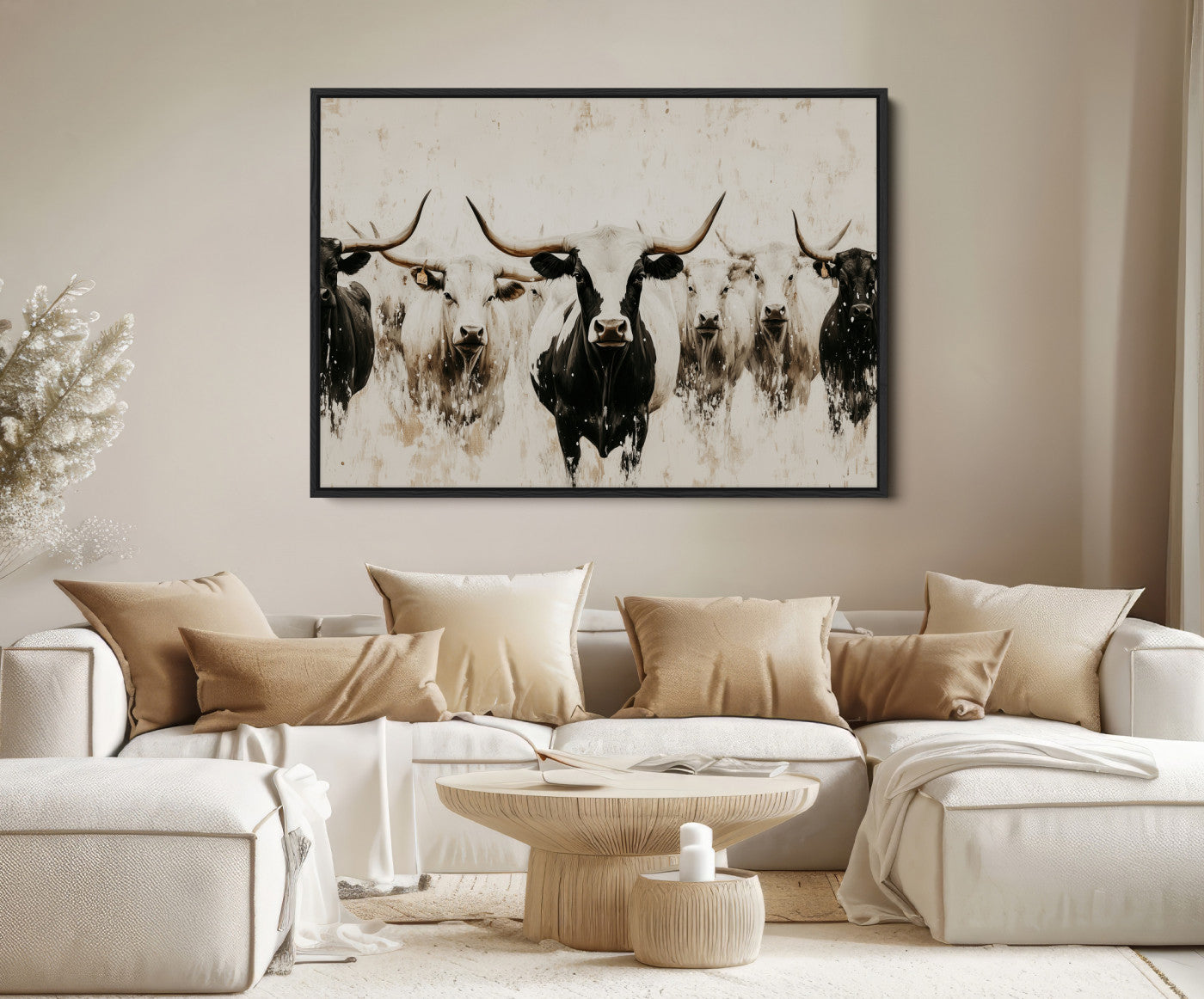 12027562-MGV-FC-36X24-Longhorn Cattle Wall Art Canvas Print – Framed Bison Herd Western Ranch Countryside Animal Landscape Artwork for Home Office
