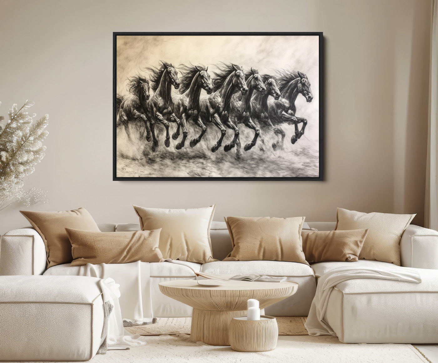 56089591-MGV-FC-36X24-Galloping Horses Wall Art Canvas Print – Framed Wild Stallions Herd Sketch Dynamic Equestrian Artwork for Home Office