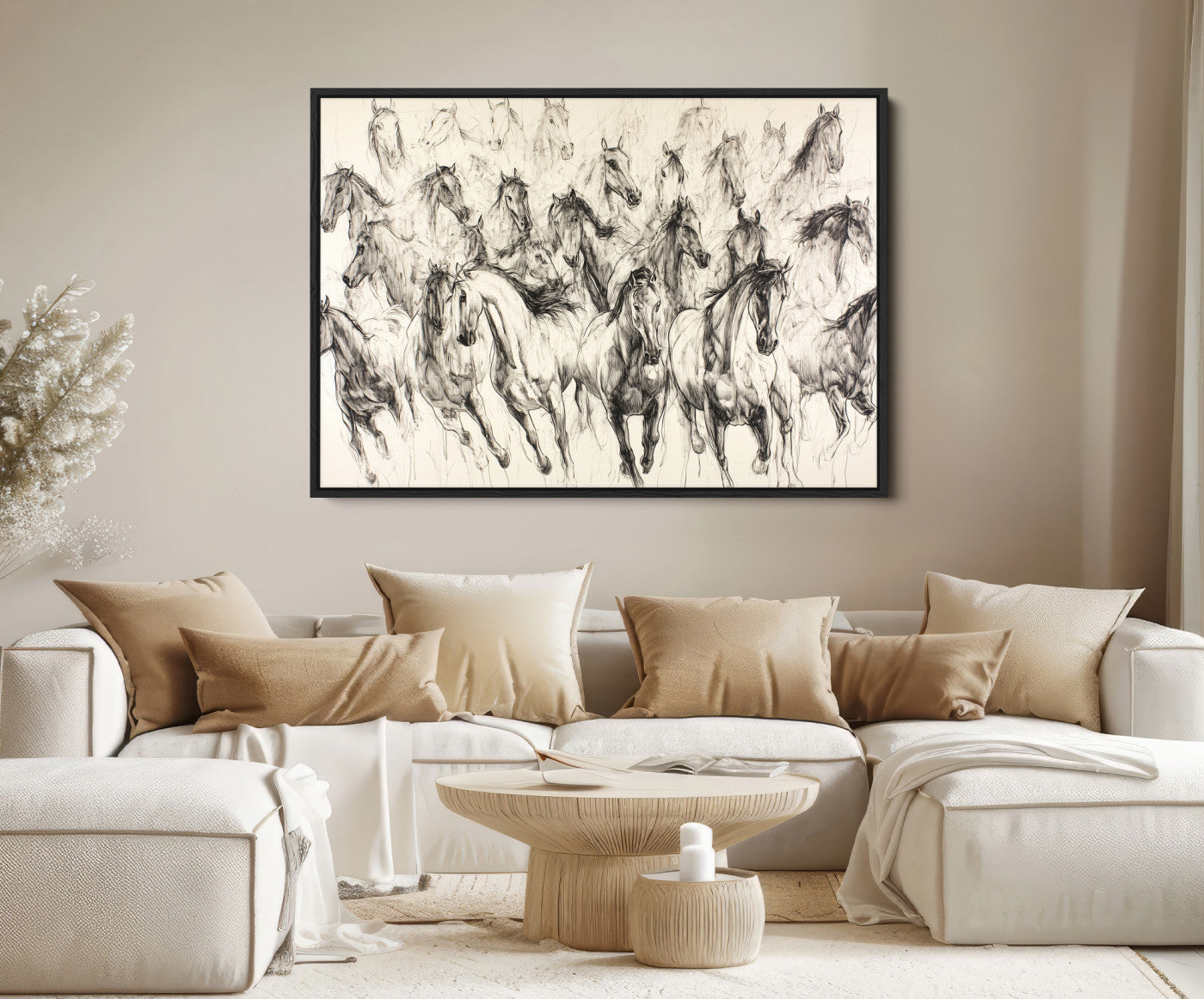 Running Horses Wall Art Canvas Print, Framed Horse Sketch Art Picture Print, Galloping Herd Perfect Monochrome Western Decor