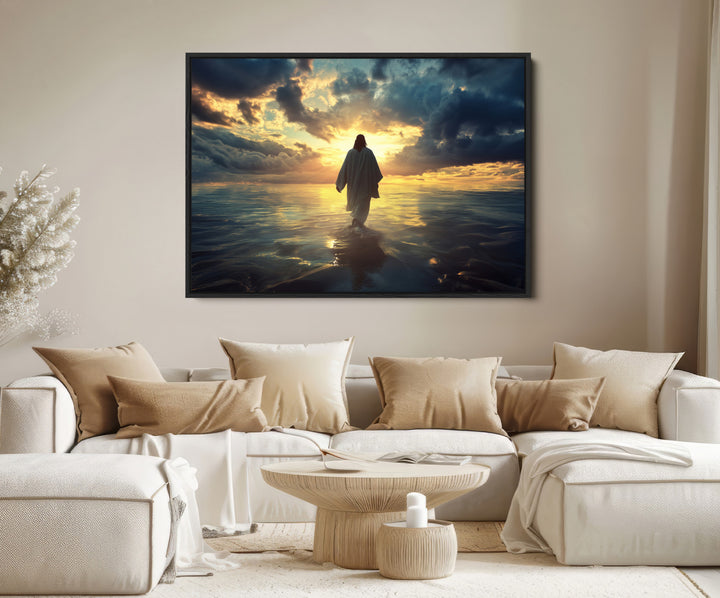 Jesus Walks Wall Art Canvas Print, Framed Divine Sunset Art Picture Print, Spiritual Light Perfect Spiritual Tranquil Decor Artwork
