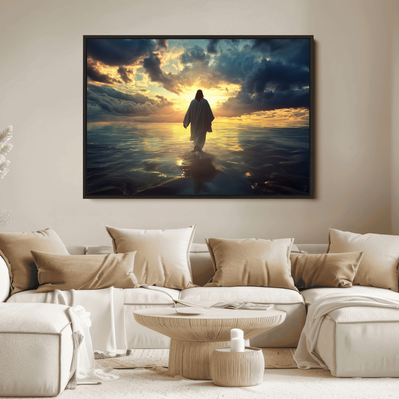Spiritual artwork of Jesus walking on water at golden hour with divine light, ideal for Christian home decor or prayer room.