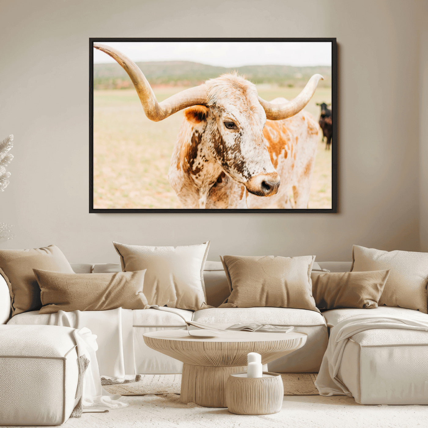 Close-up of a speckled Texas Longhorn in warm prairie tones, perfect for rustic western or countryside-themed room decor.