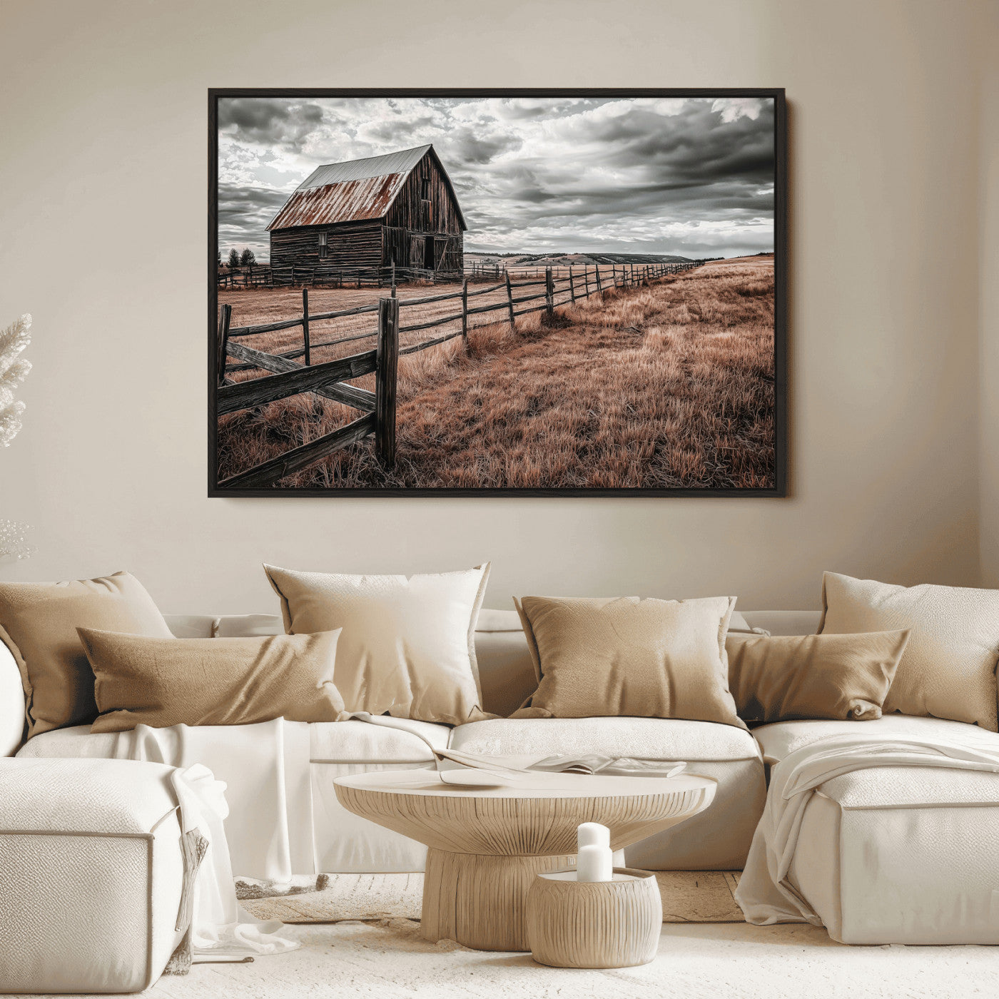 Framed canvas of a rustic barn under a moody sky with weathered fence and dark fields, ideal for farmhouse or rural-style wall decor.