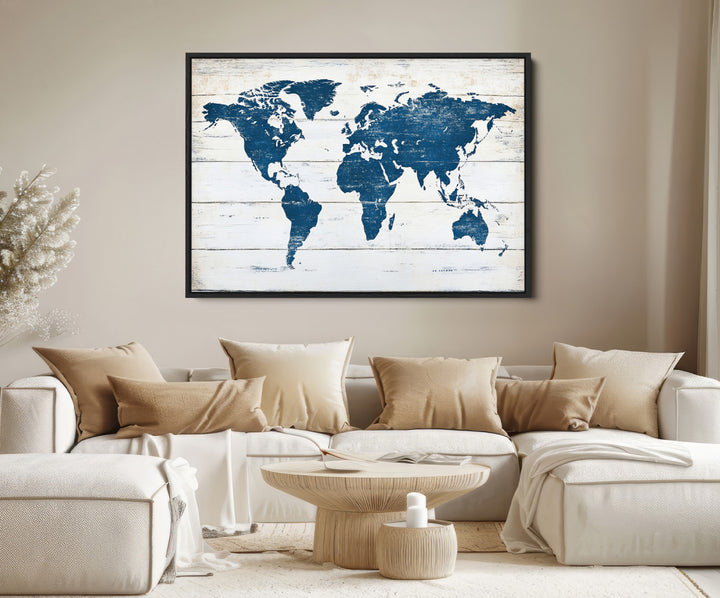 World Map Wall Art Canvas Print, Framed Rustic Atlas Art Picture Print, Wooden Map Perfect Vintage Decor Artwork