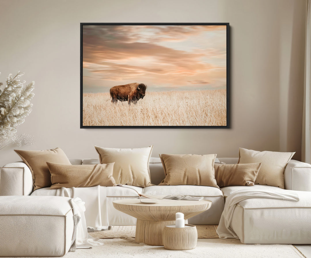 Bison Wall Art Canvas Print, Buffalo Print, Framed Western Prairie Art Print, Large Rustic Wildlife Printing Perfect for Rustic Decor