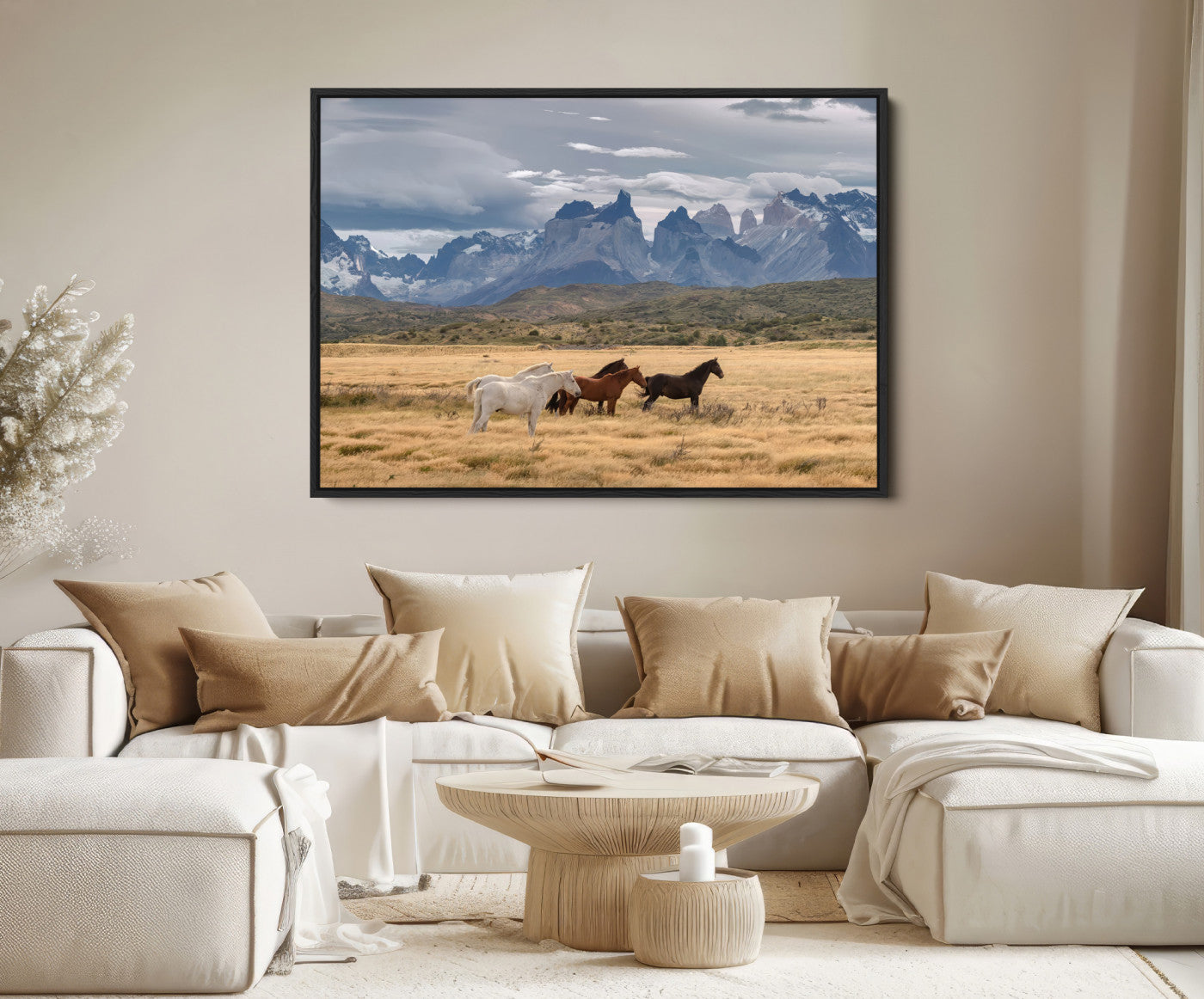 69960232-MGV-FC-36X24-Horses Grazing Wall Art Canvas Print – Framed Mountain Field Scenic Landscape Cloudy Sky Nature Artwork for Home Office