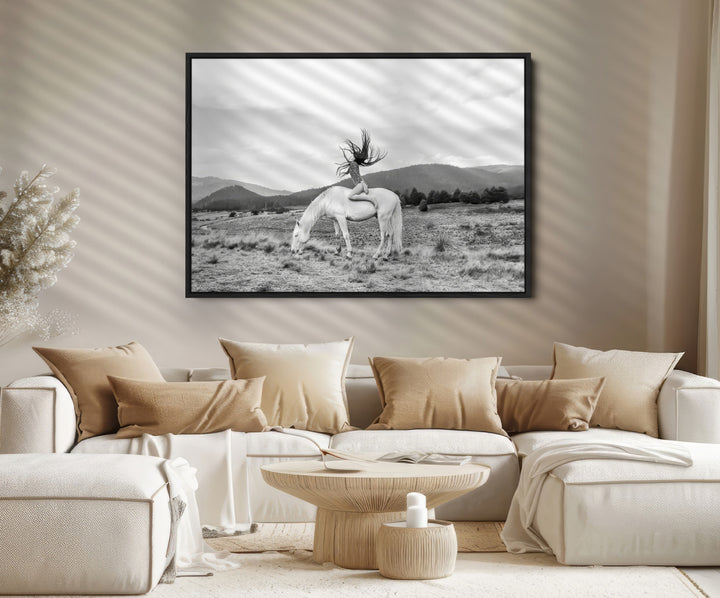 White Horse Wall Art Canvas Print, Woman Rider Print, Framed Equestrian Pose Art Print, Large Grazing Horse Printing Western Boho