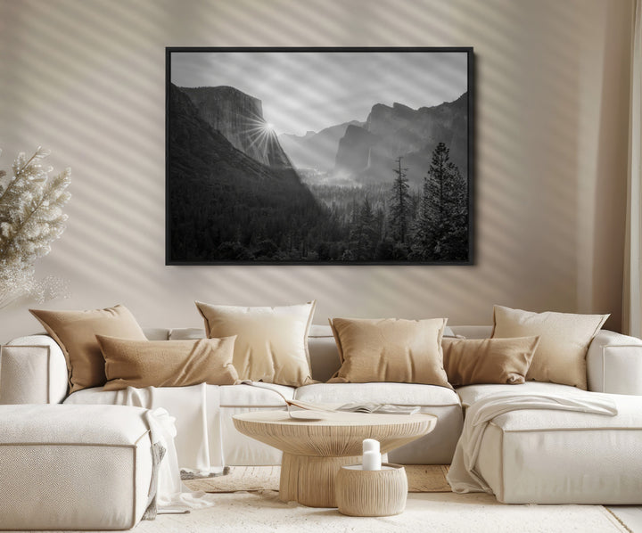 Yosemite Valley Wall Art Canvas Print, Framed El Capitan Sunrise Print, Framed Misty Mountain Art Print, Large Monochrome Valley Printing