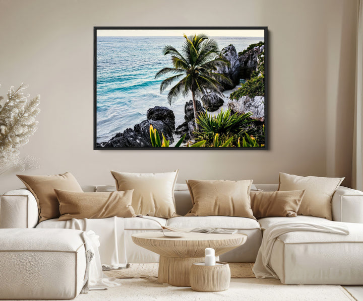Tropical Coastline Wall Art Canvas Print, Framed Palm Tree Art Picture Print, Rocky Beach Perfect Tropical Coastal Decor