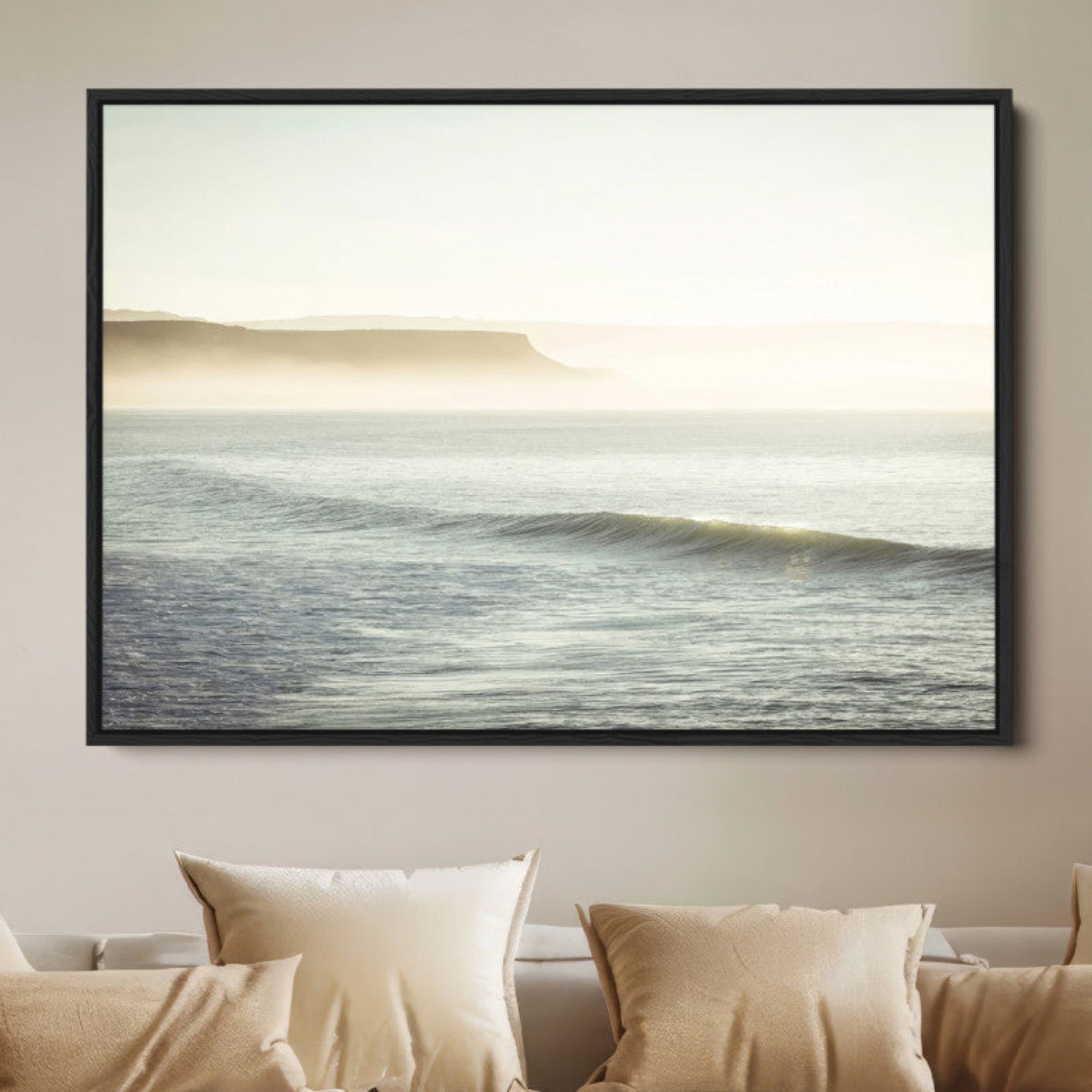 39310633-MGV-FC-36X24-Coastal Cliffs Wall Art Canvas Print – Misty Ocean Seascape Framed Soft Morning Light Nature Artwork for Home Office