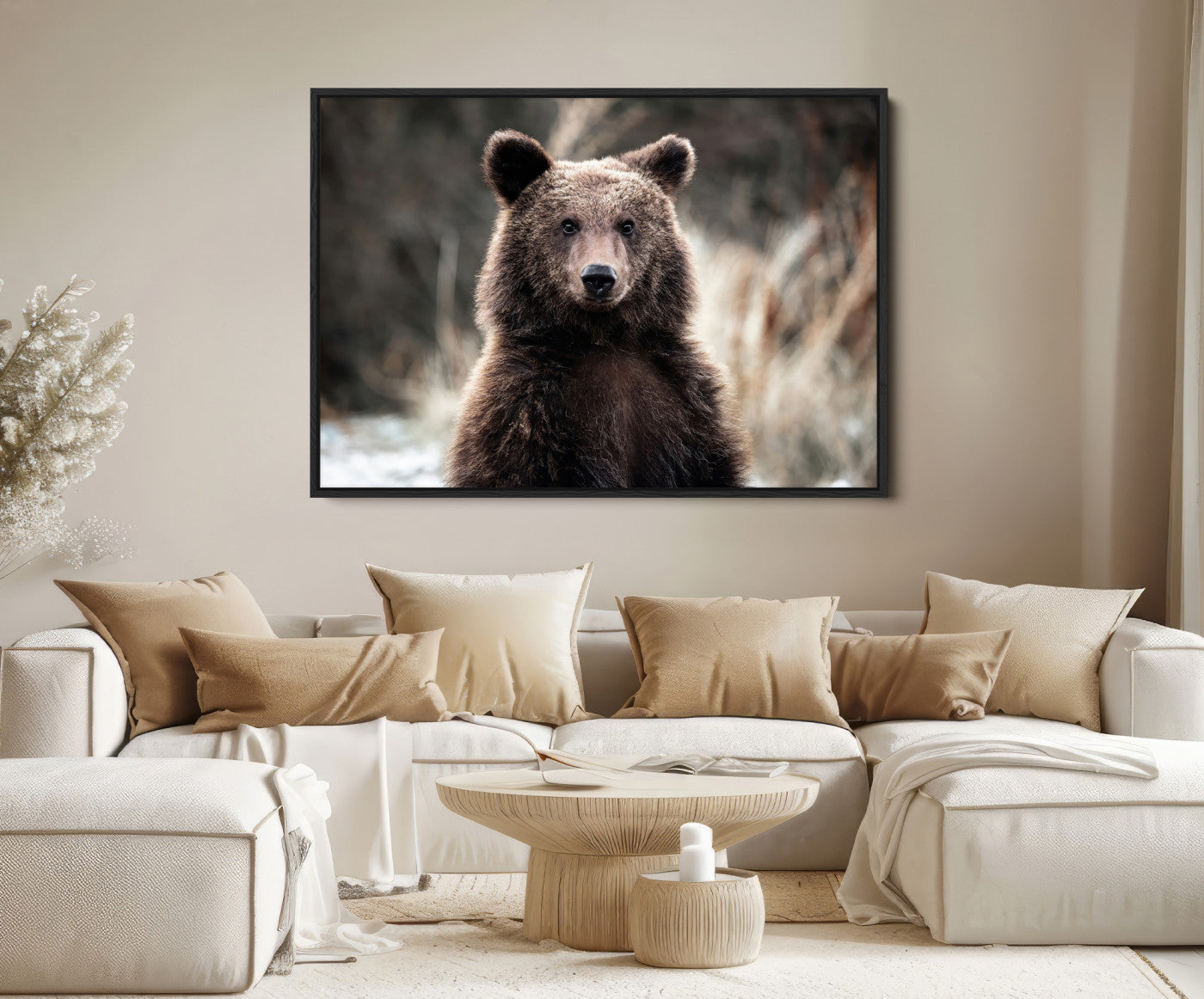 47112103-MGV-FC-36X24-Brown Bear Wall Art Canvas Print – Framed Majestic Woodland Wildlife Scene Artwork for Cabin, Home, Office, Living Room