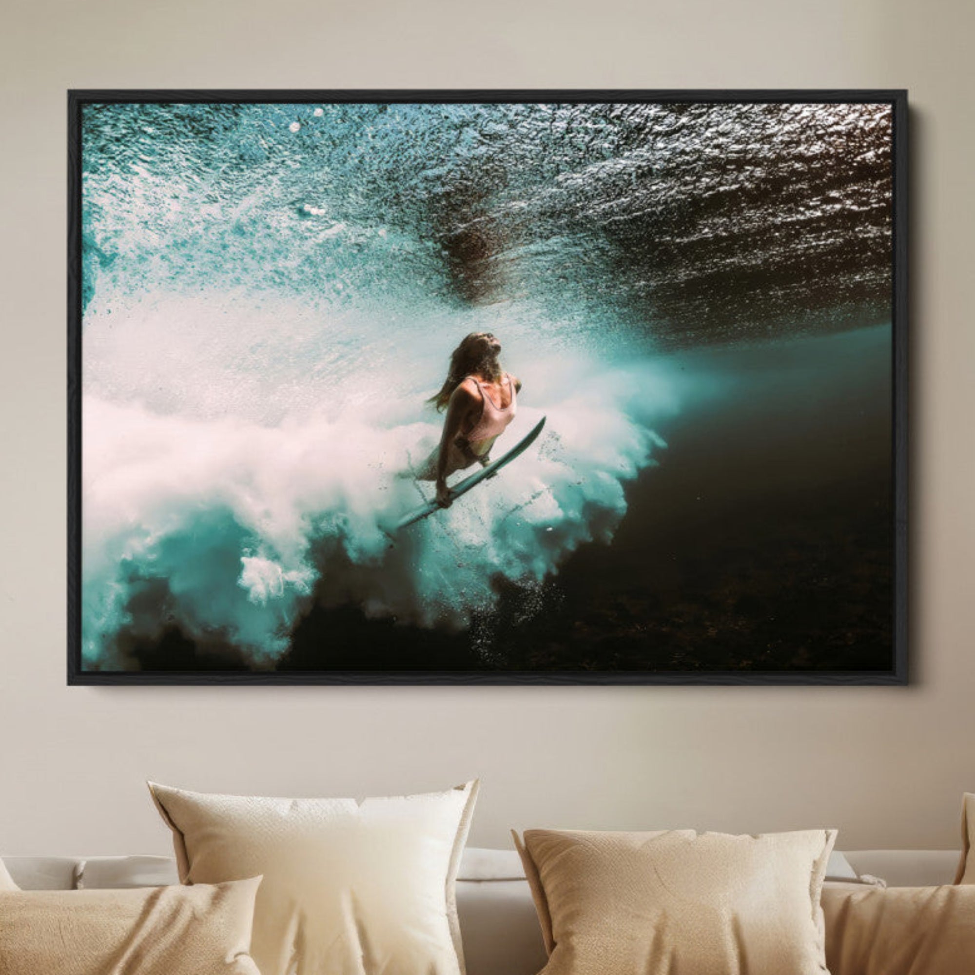 85923512-MGV-FC-40X27-Vibrant Aquatic Motion Wall Art Canvas Print – Framed Underwater Swimming Scene Artwork for Home, Office Decor