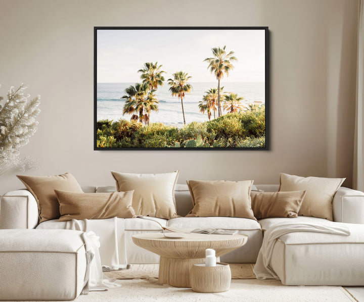 California Coast Wall Art Canvas Print, Framed Palm Trees Art Picture Print, Coastal Landscape Perfect Coastal Minimalist Decor