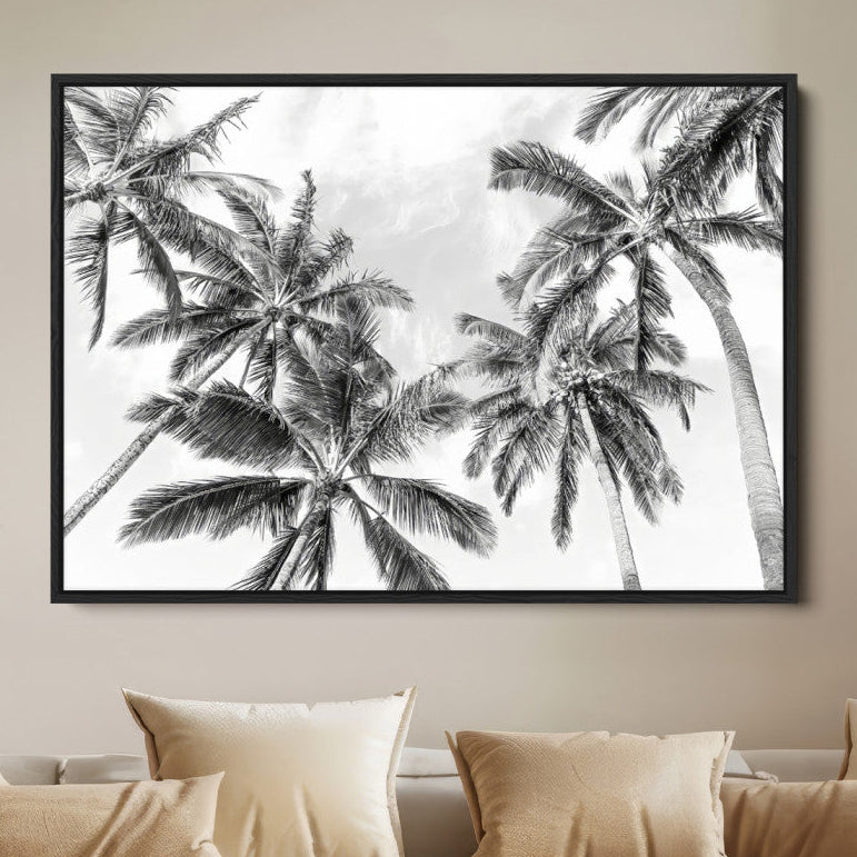 62113786-MGV-FC-36X24-Black and White Palm Wall Art Canvas Print – Framed Monochrome Tropical Beach Scene Artwork for Modern Home, Office Decor