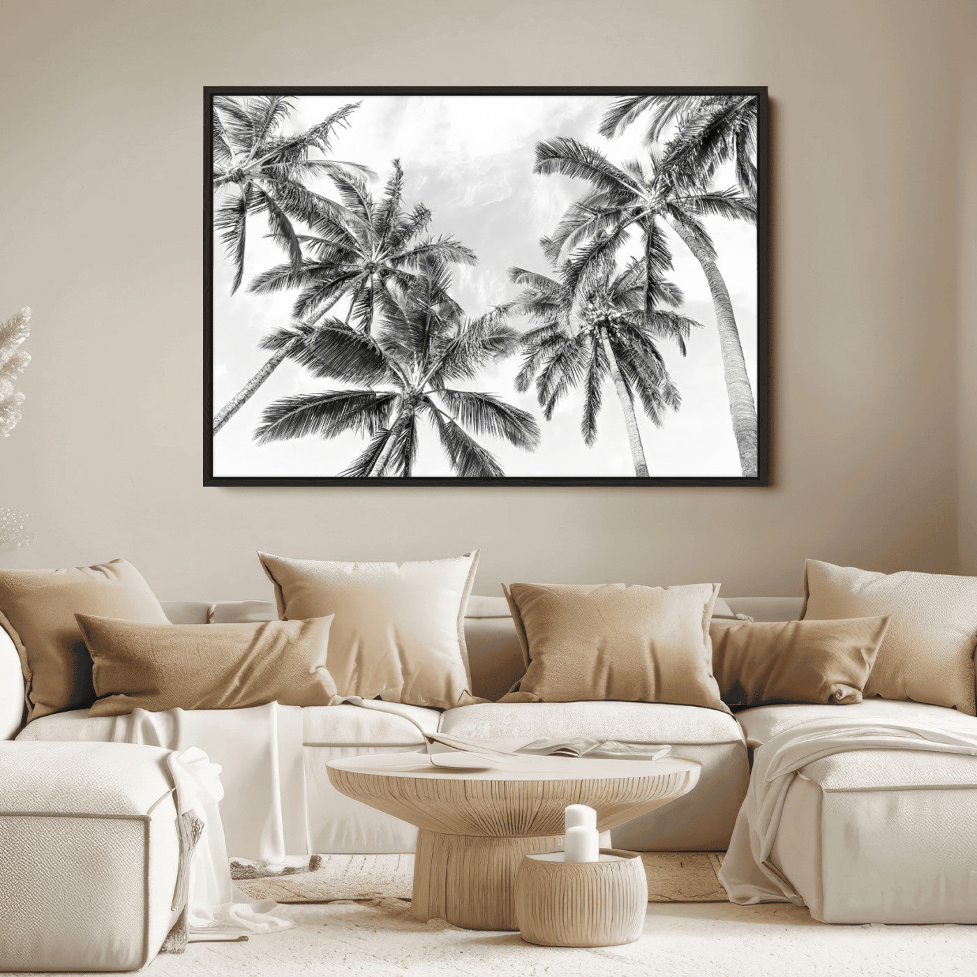 62113786-MGV-FC-36X24_Black-Black White Palm Wall Art Canvas Print, Framed Monochrome Tropics Art Picture Print, Coastal Minimalist Decor