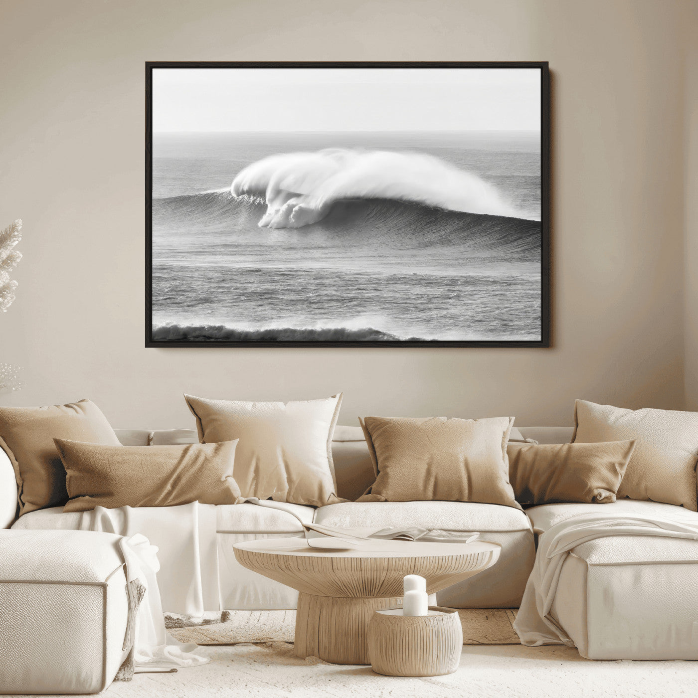 A dramatic black and white ocean wave crashing with immense force, capturing the raw power and movement of the sea in a bold seascape.