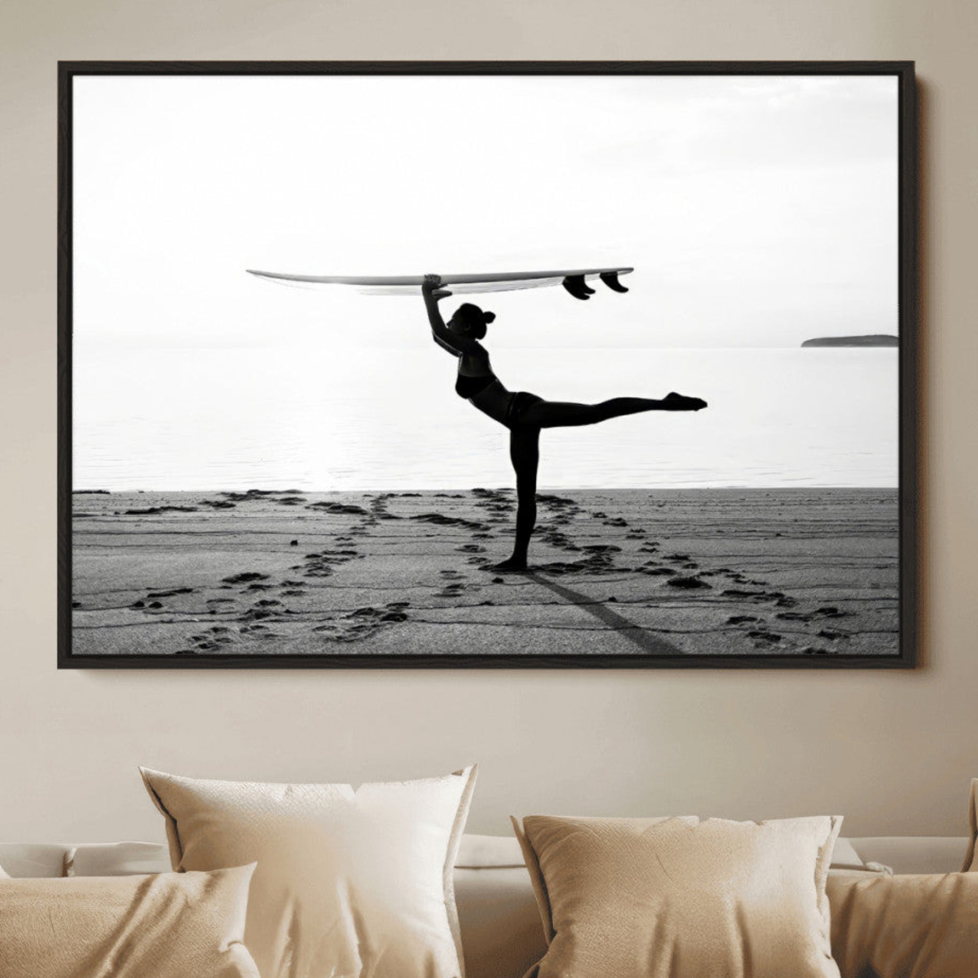 28441356-MGV-FC-36X24-Yoga Surf Wall Art Canvas Print – Framed Black White Shore Art Picture Peaceful Ocean Artwork for Home, Office