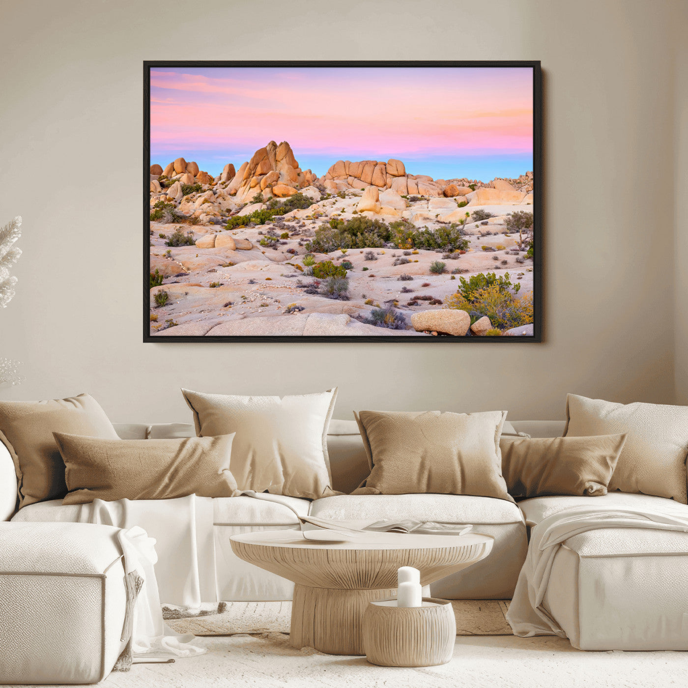 A breathtaking desert landscape featuring rugged rock formations under a vibrant pastel sunset sky, capturing the warmth and serenity of a Southwestern wilderness.