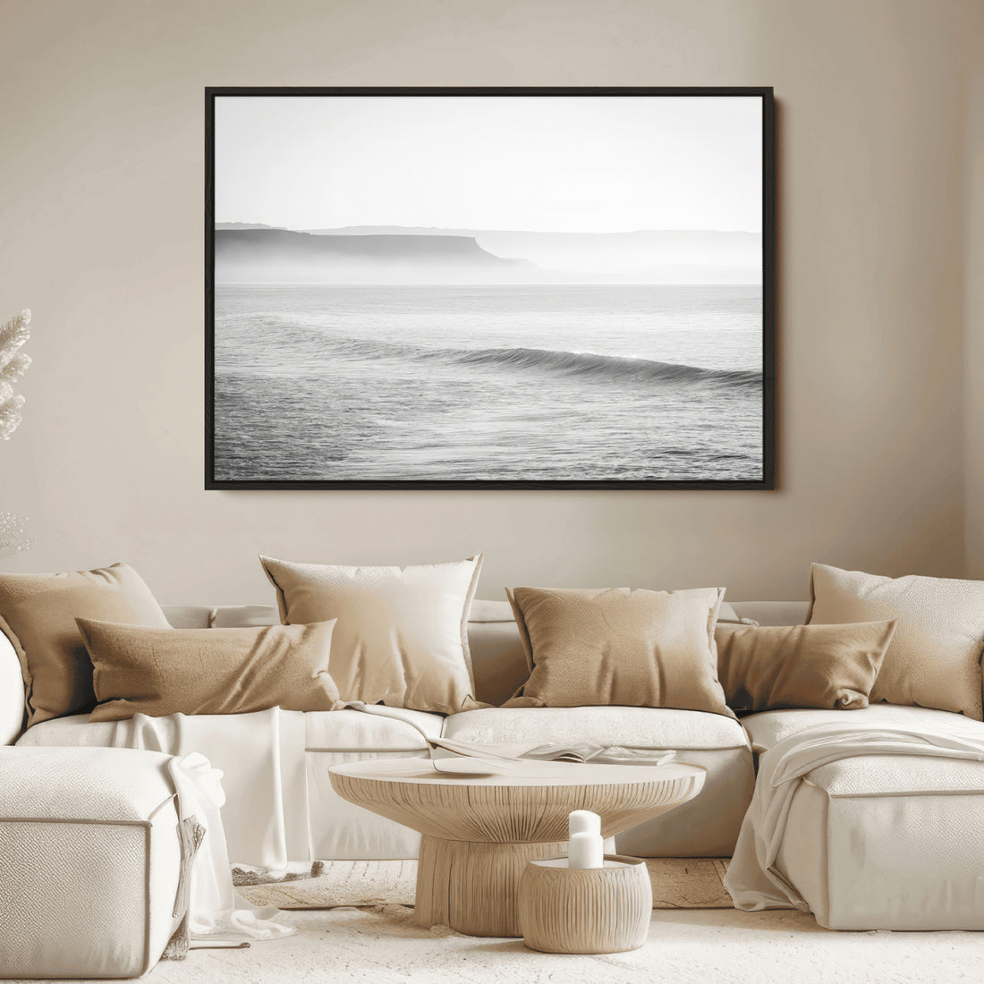 Black and White Seascape Wall Art Canvas Print, Framed Ocean Waves Art, Misty Coastal