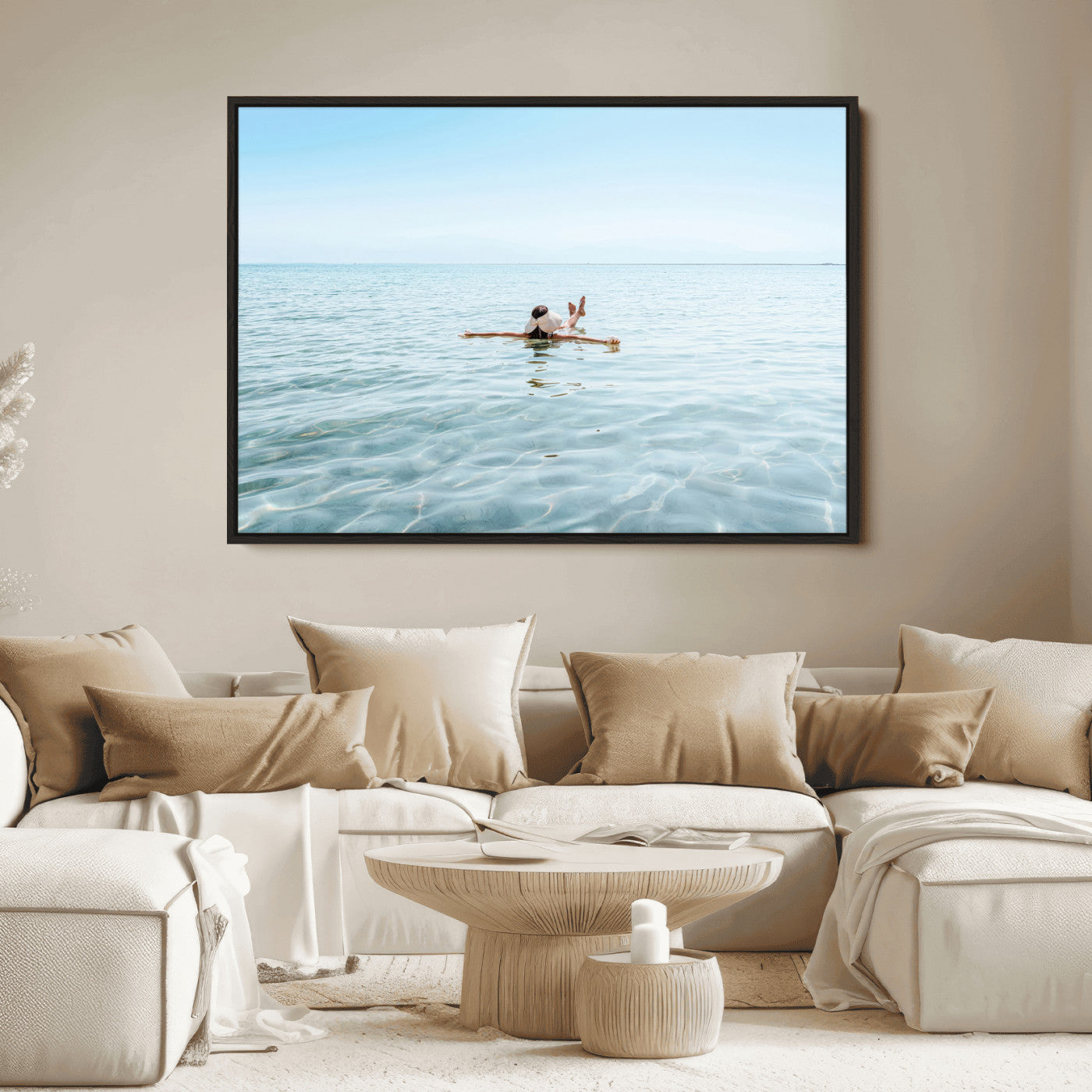 A peaceful minimalist scene of a person floating on crystal-clear water, surrounded by a vast open horizon, capturing relaxation and serenity in a tranquil aquatic setting.