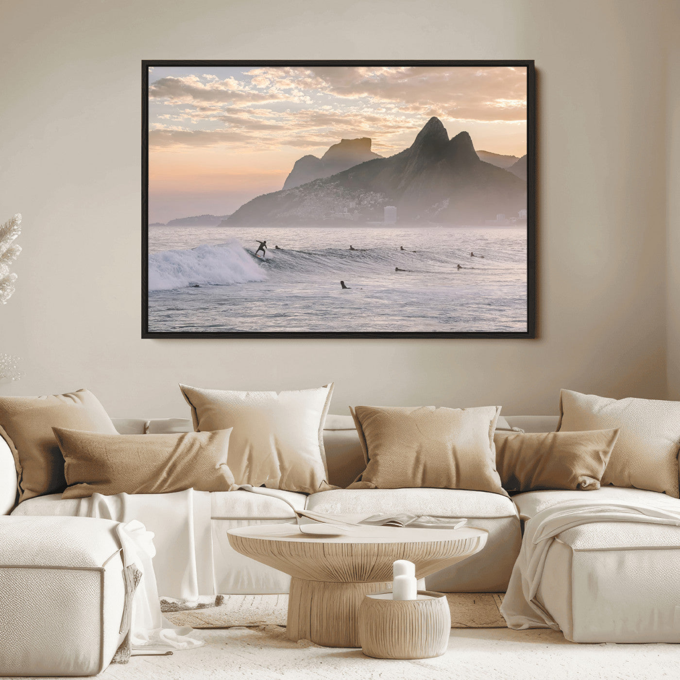 A surfer rides a golden hour wave near misty coastal mountains, surrounded by fellow surfers, capturing the spirit of a coastal adventure.