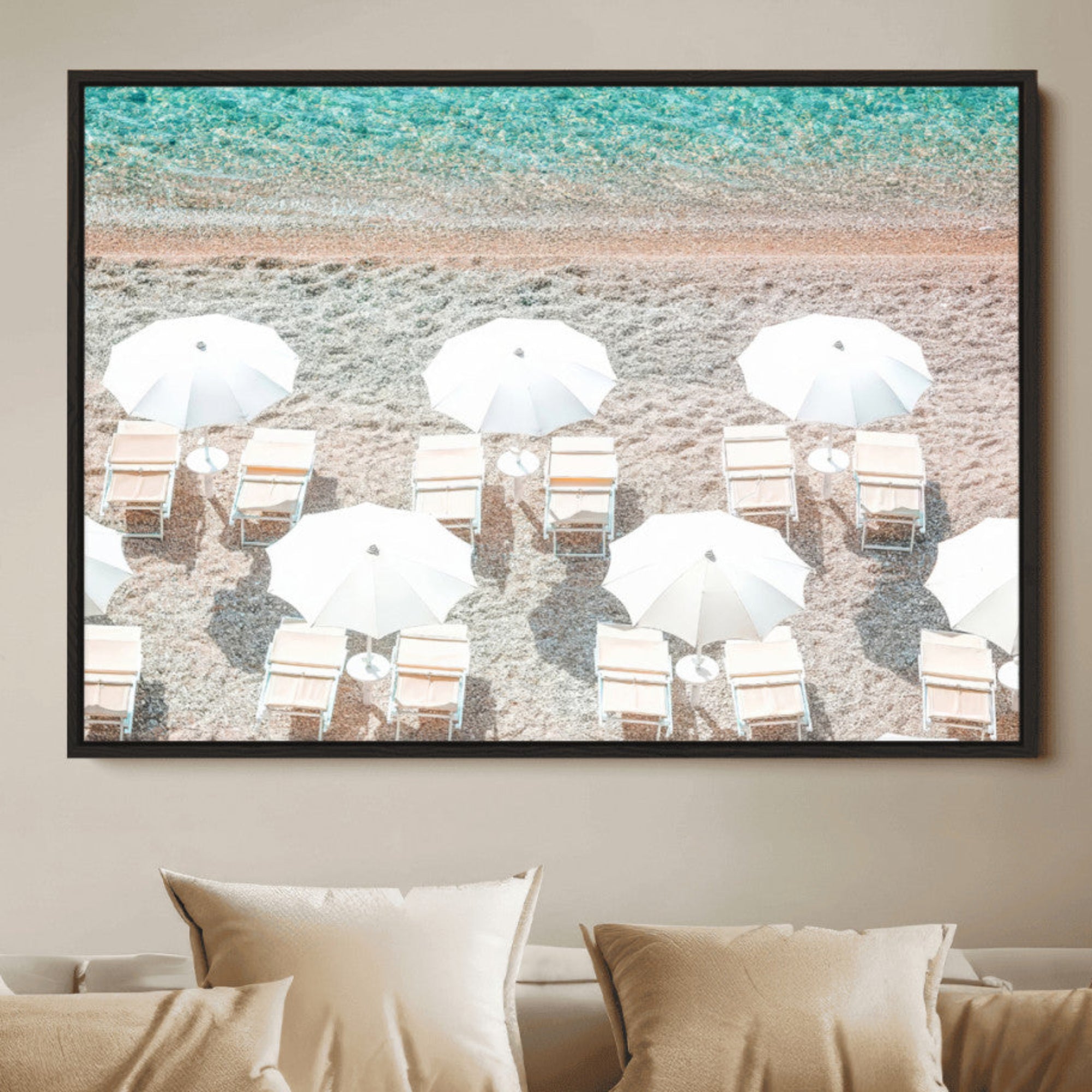 87750525-MGV-CV-36X24-Calm Beach Wall Art Canvas Print – Framed Turquoise Water Art Picture Umbrella Shoreline Artwork for Home Office
