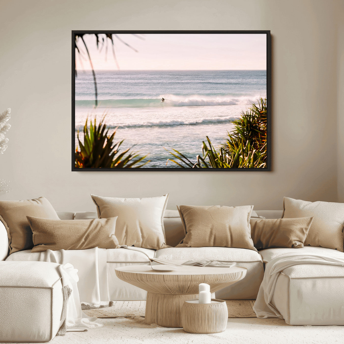 Canvas of a lone surfer riding a pastel wave at sunrise, perfect for tropical or coastal-themed spaces with a relaxed, airy vibe.
