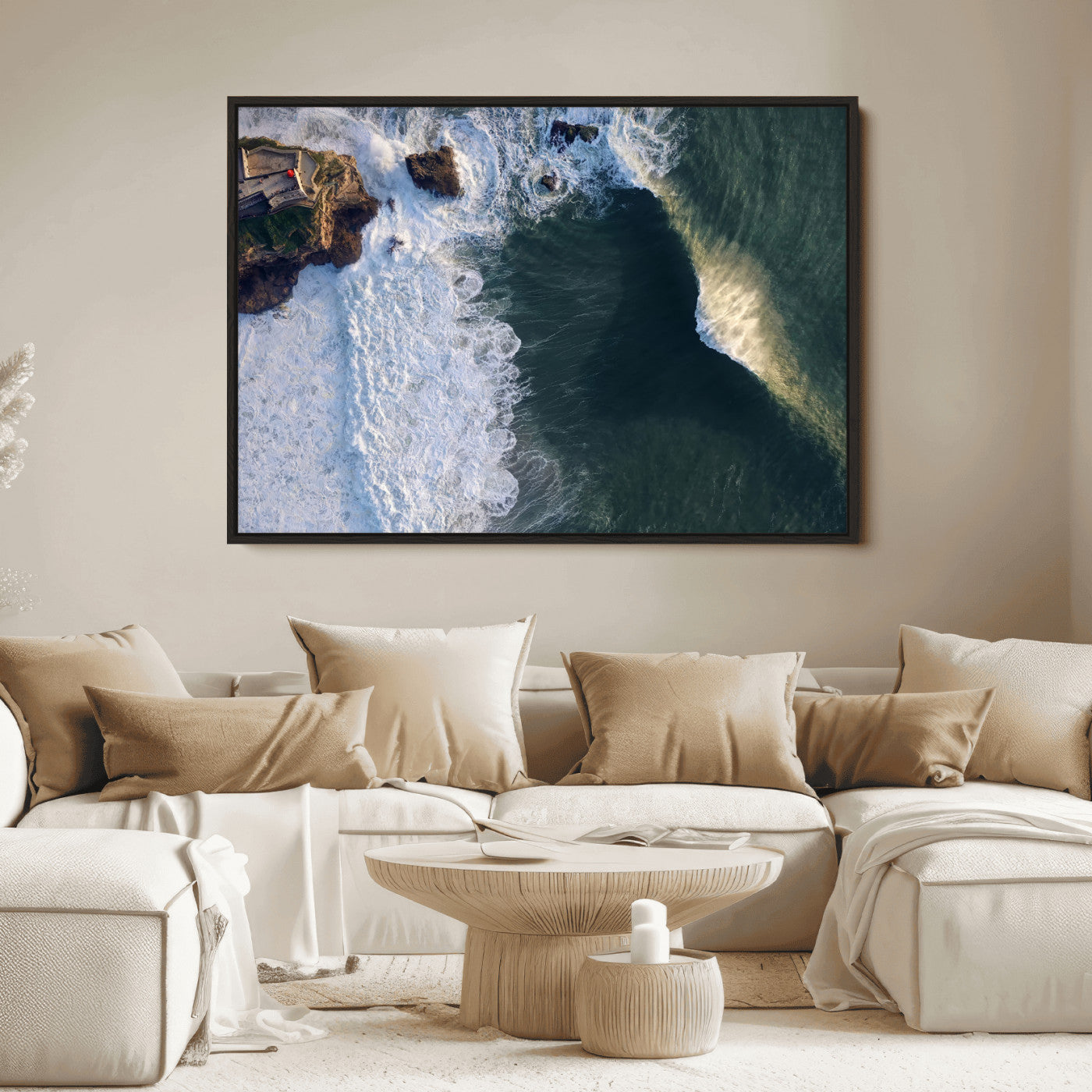 Canvas showing an aerial view of crashing waves along the Nazaré coastline, perfect for dramatic coastal or ocean-themed home decor.