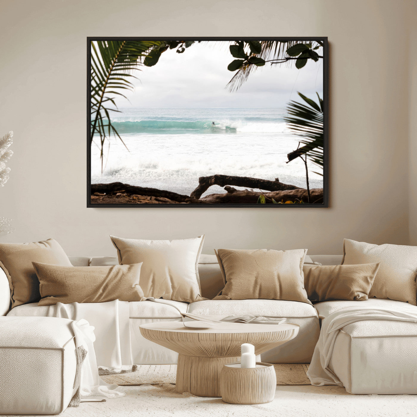 Tropical beach view with palm trees and surfer riding a wave, perfect for boho or coastal-inspired interior wall decor.