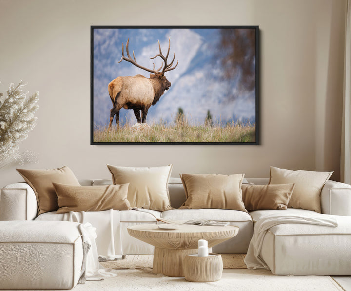 Rustic Elk Wall Art Canvas Print, Wildlife Antler Print, Framed Western Hunting Lodge Art Print