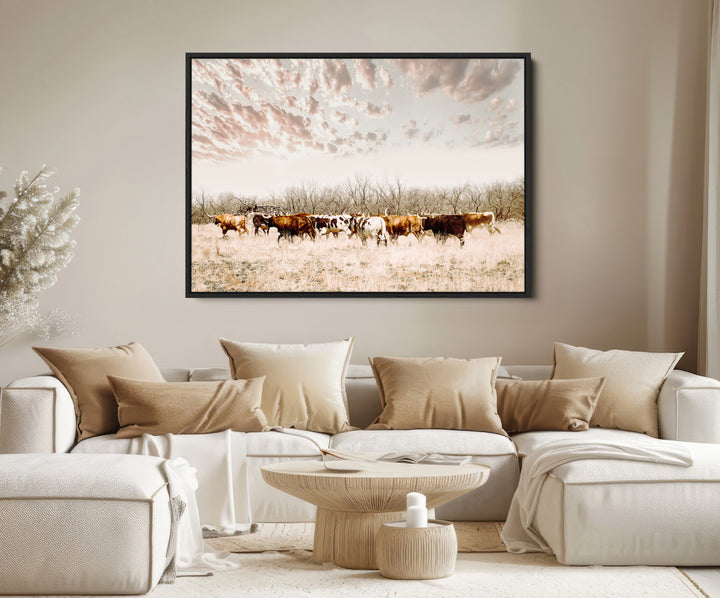 Longhorn Cattle Wall Art Canvas Print, Texas Ranch Print, Framed Western Cow Art Print, Large Prairie Landscape Printing Perfect for Western Decor