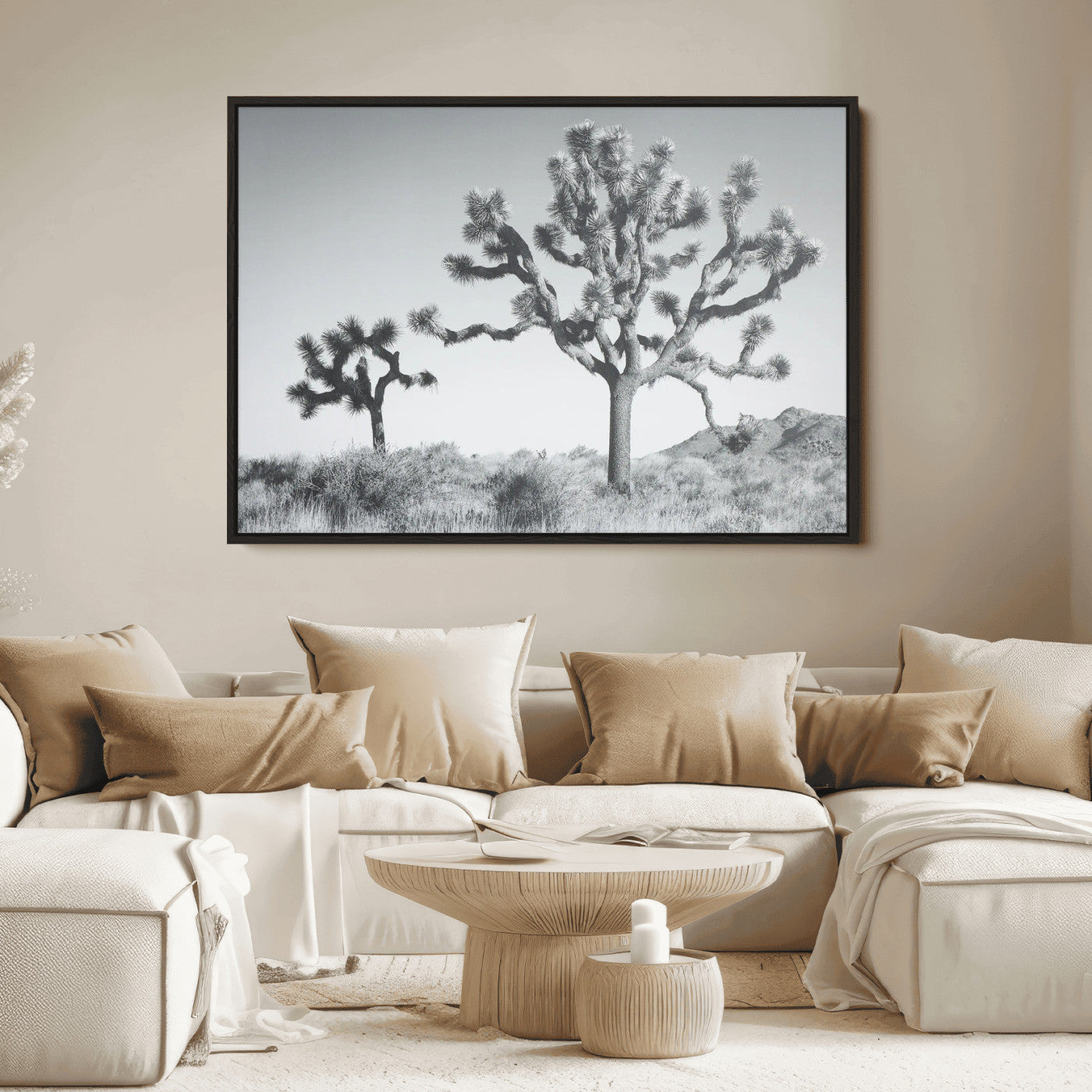 Two Joshua trees in a black and white desert landscape with distant hills, ideal for boho or rustic interior wall styling.