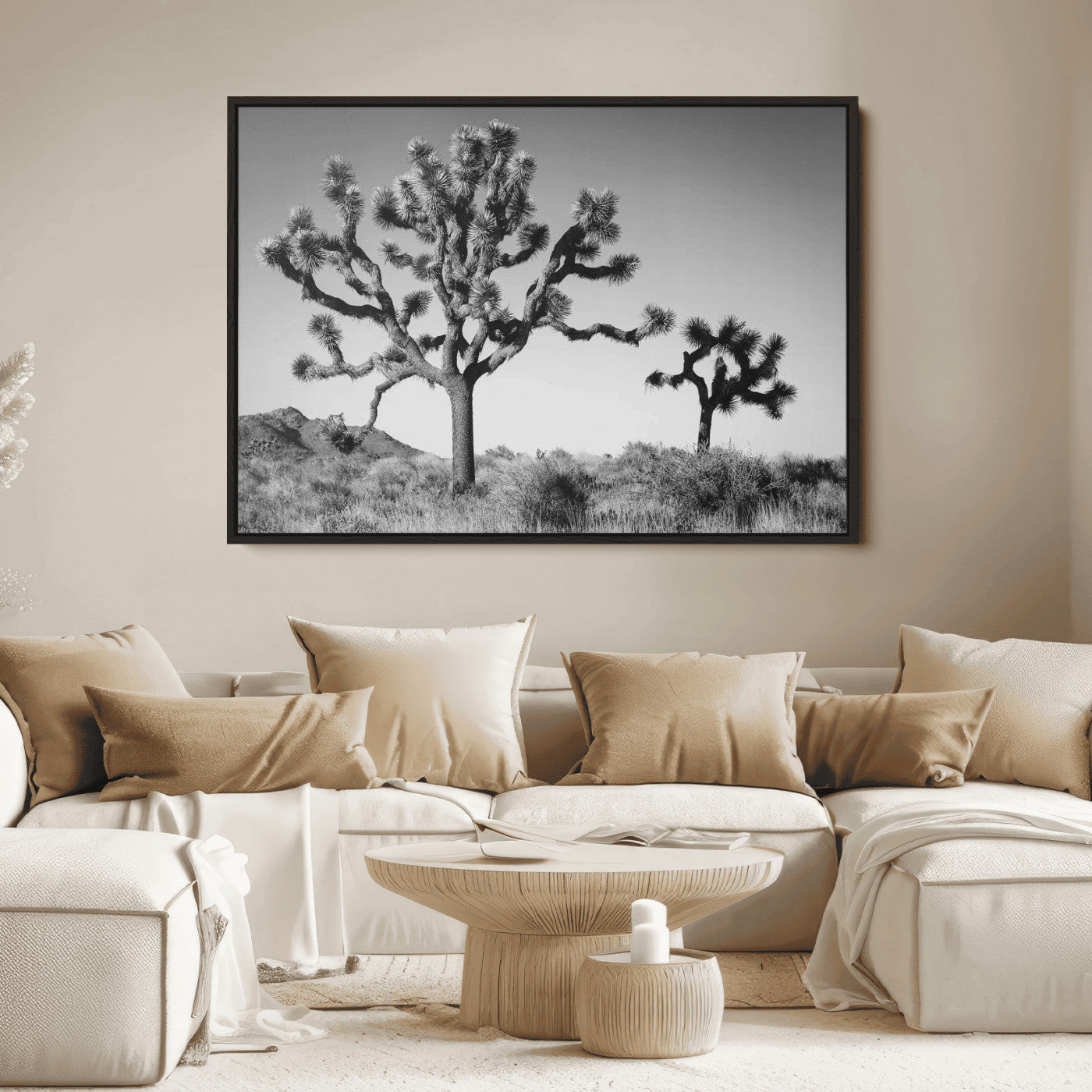 Black and white desert scene with two Joshua trees under clear sky, perfect for rustic or boho-inspired home decor.