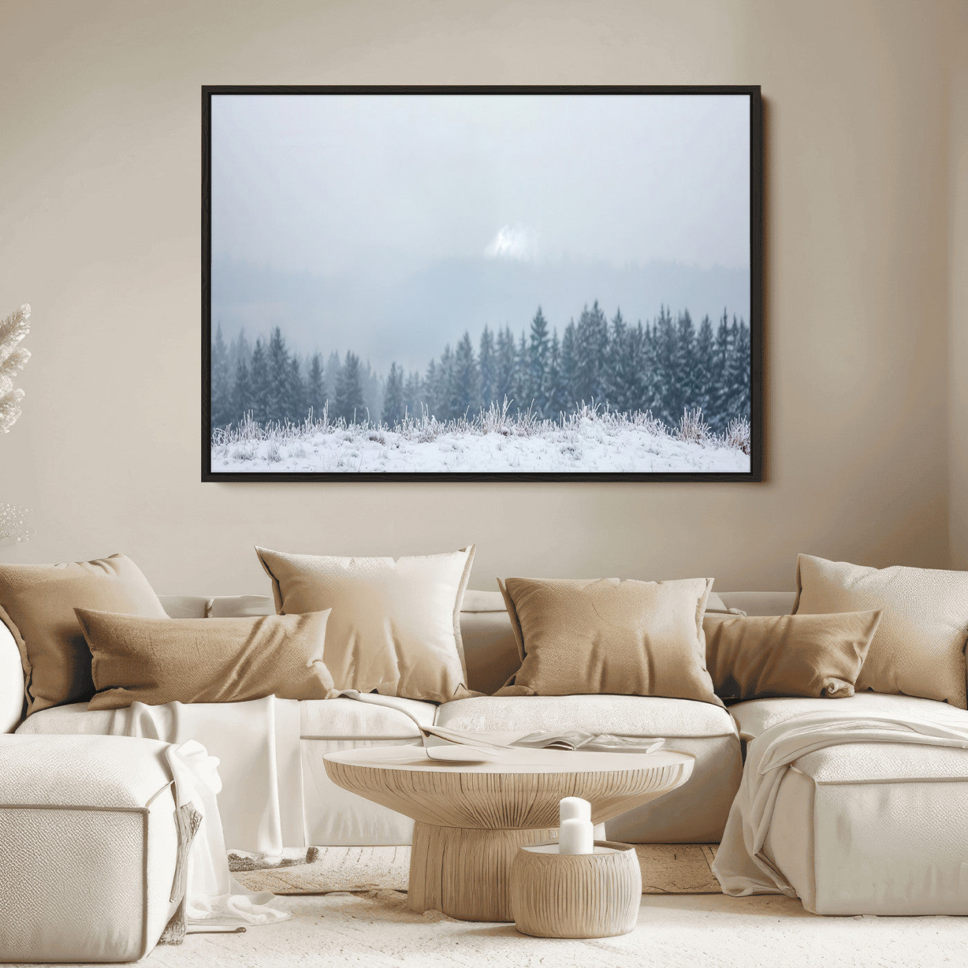 Snow-covered forest under misty sky, soft light breaking through clouds, ideal for minimalist or Nordic-inspired home decor.