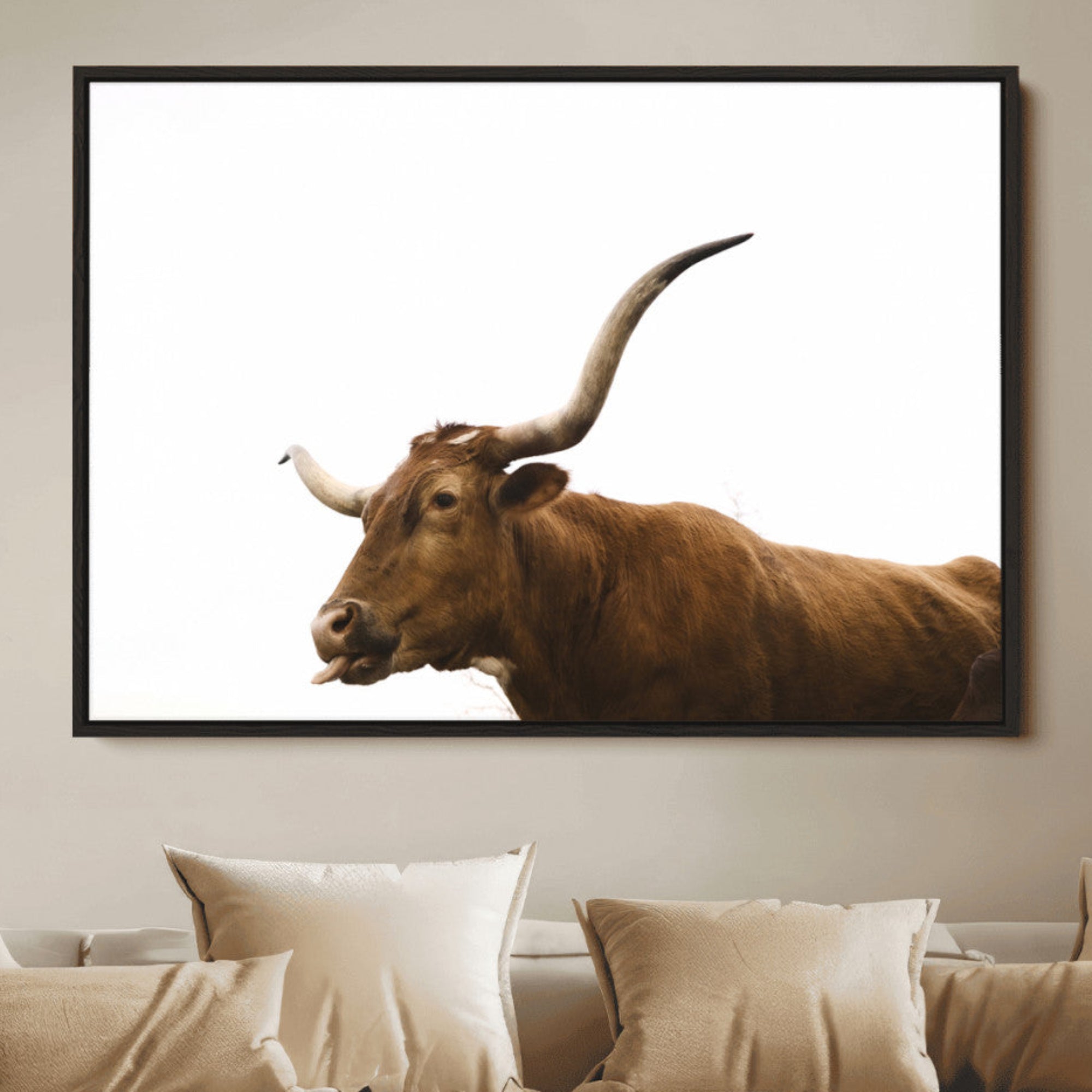 Minimal photo of a longhorn cow with white background, ideal for rustic, western or farmhouse-style interior decor.