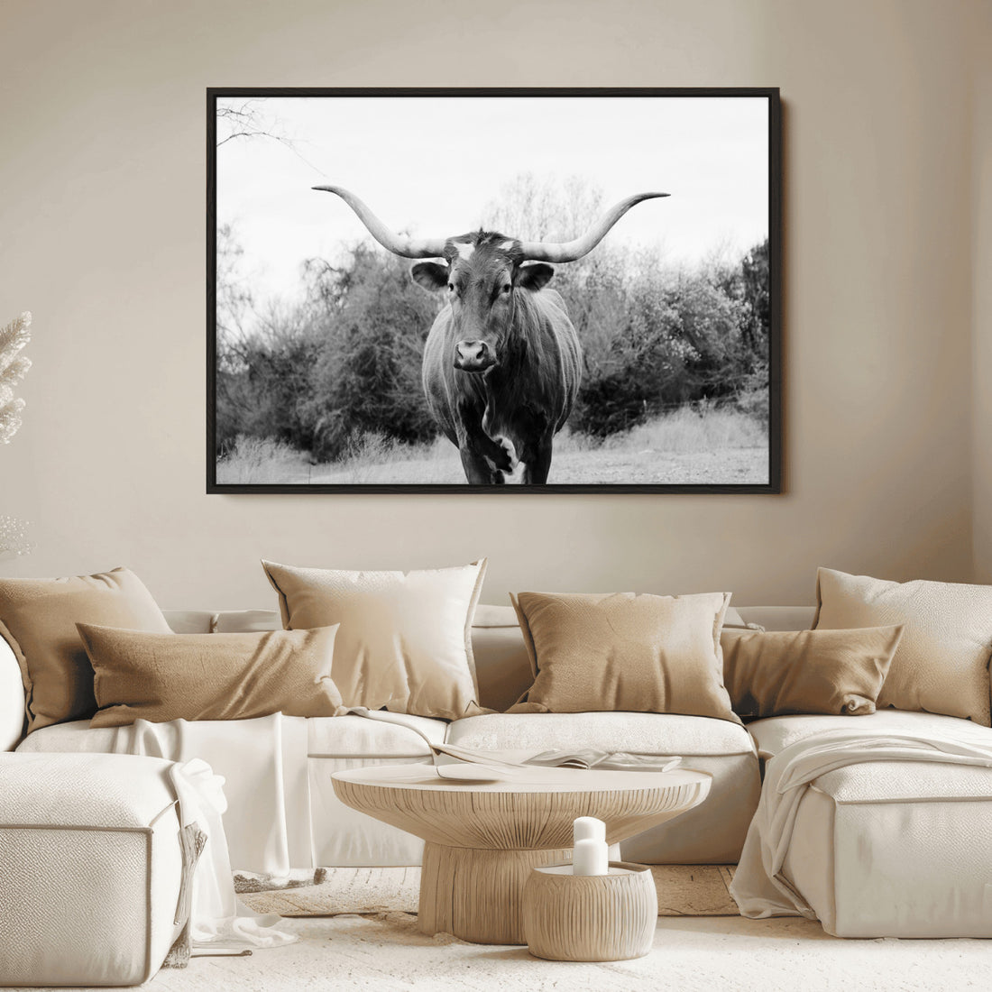 Longhorn Photography Wall Art Canvas Print, Framed Western Cow Texas Ranch Decor
