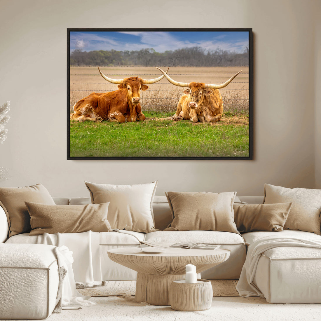 Longhorn Duo Wall Art Canvas Print, Framed Cozy Western Ranch Scene